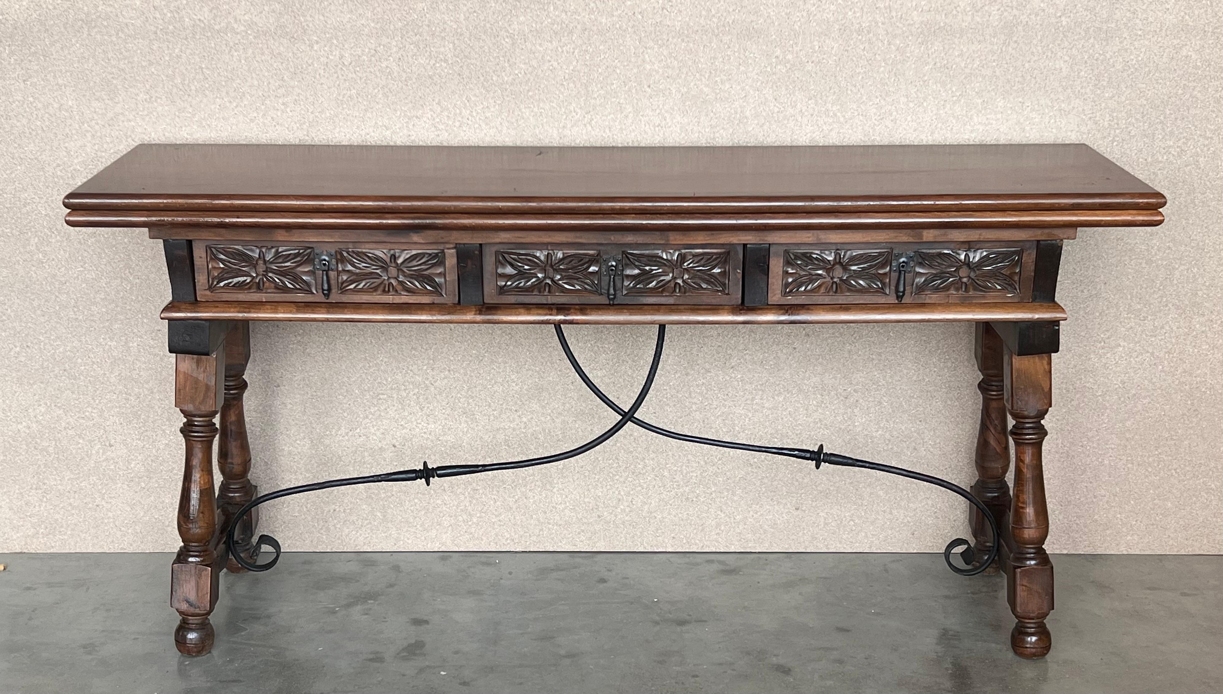Baroque Early 20th Century Spanish Fold Out Console Table with Iron Stretcher & 3 Drawer
