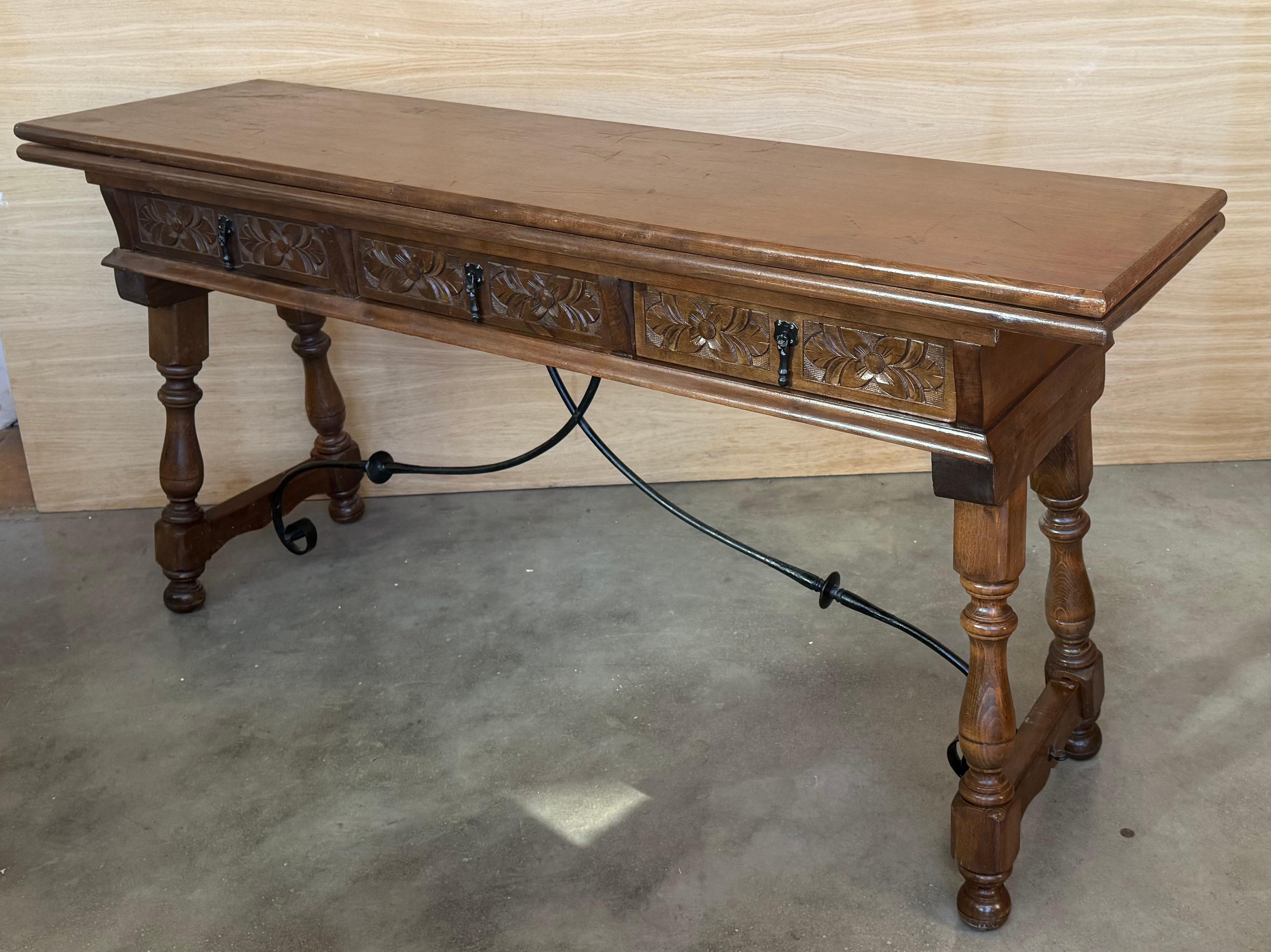 Early 20th Century Spanish Fold Out Console Table with Iron Stretcher & 3 Drawer In Good Condition For Sale In Miami, FL