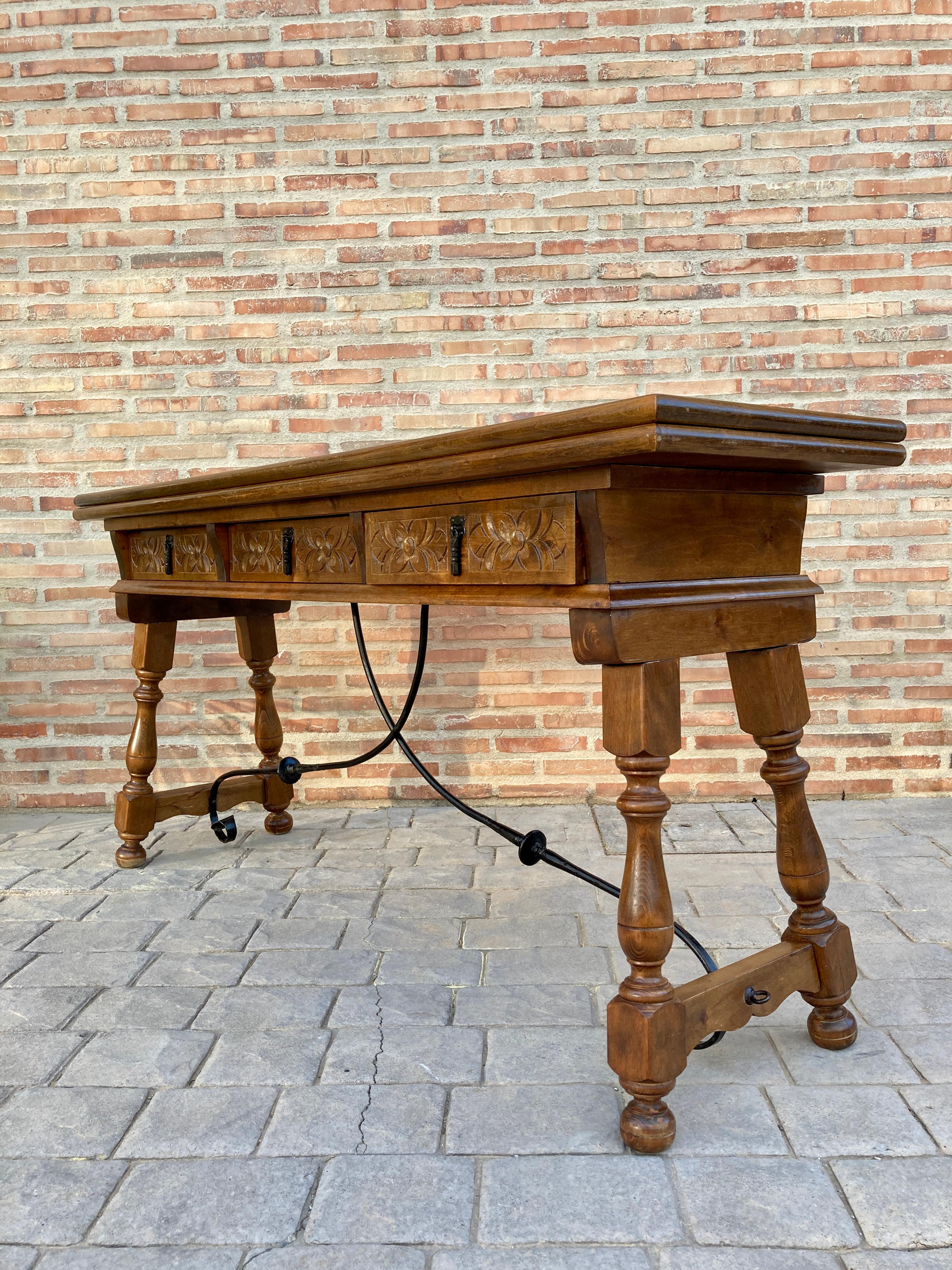 Walnut Early 20th Century Spanish Fold Out Console Table with Iron Stretcher & 3 Drawer