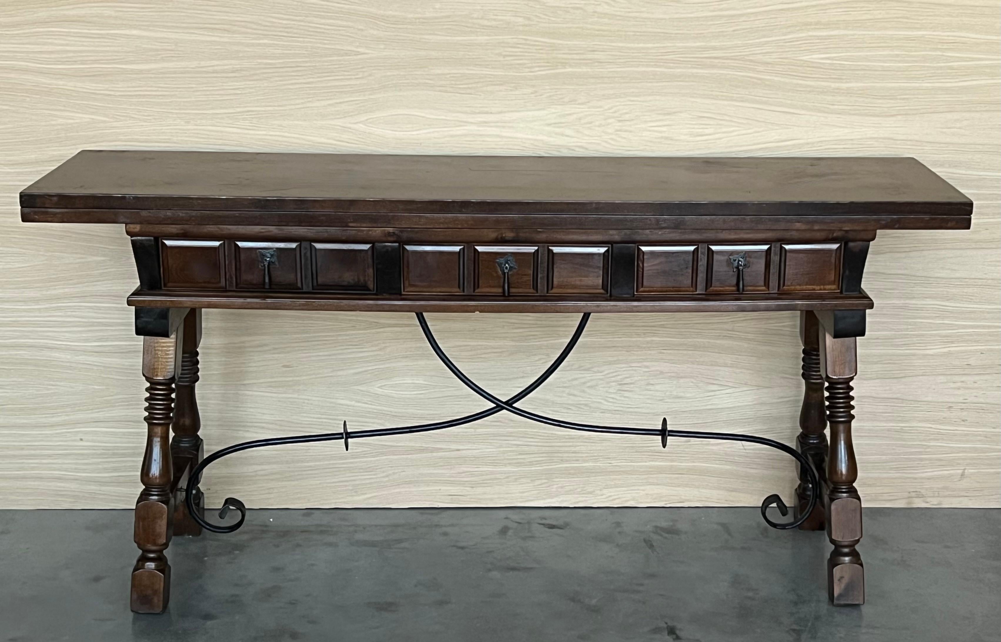 Walnut Early 20th Century Spanish Fold Out Console Table with Iron Stretcher & 3 Drawer For Sale