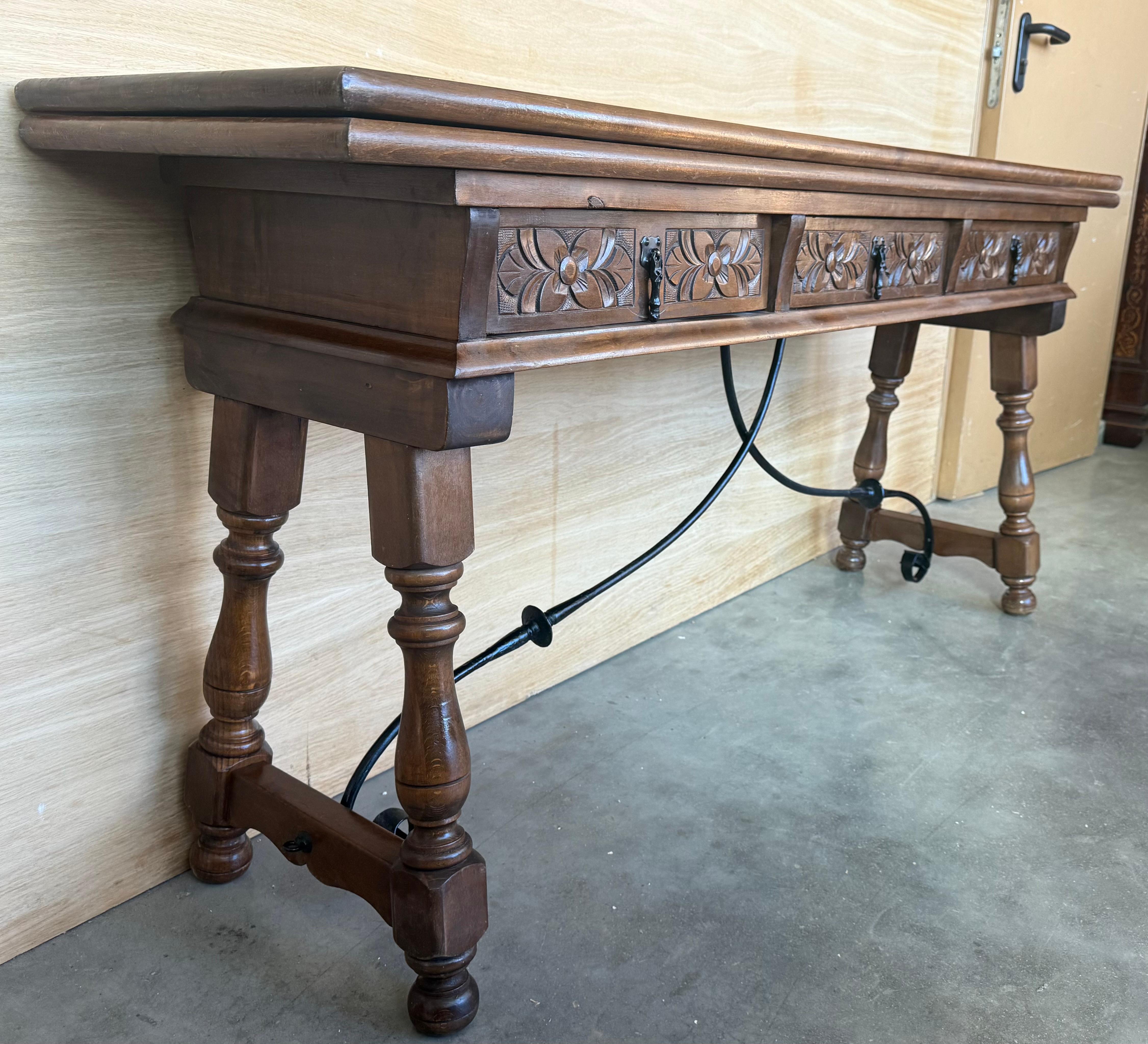 Walnut Early 20th Century Spanish Fold Out Console Table with Iron Stretcher & 3 Drawer For Sale