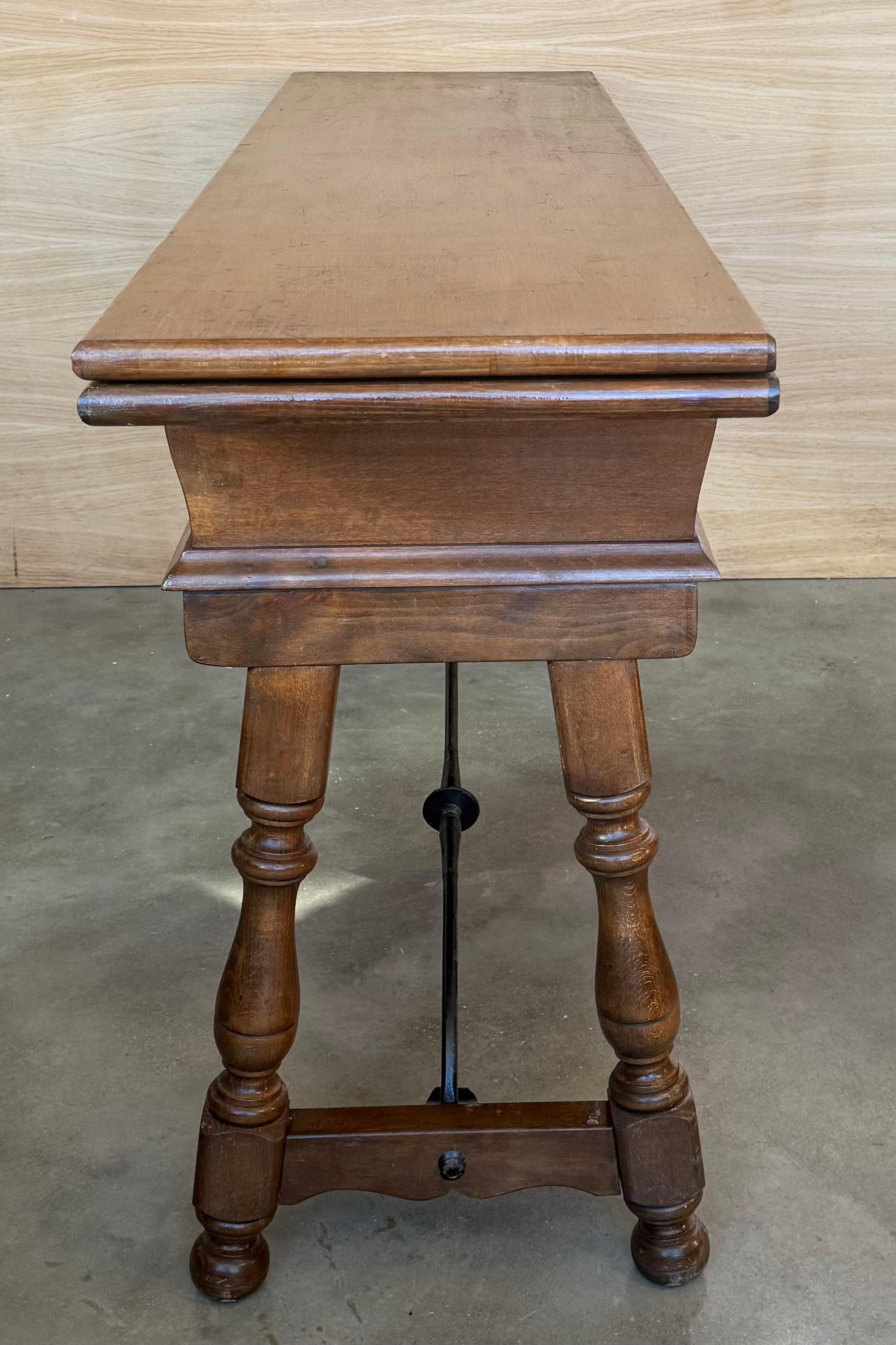 Early 20th Century Spanish Fold Out Console Table with Iron Stretcher & 3 Drawer For Sale 1