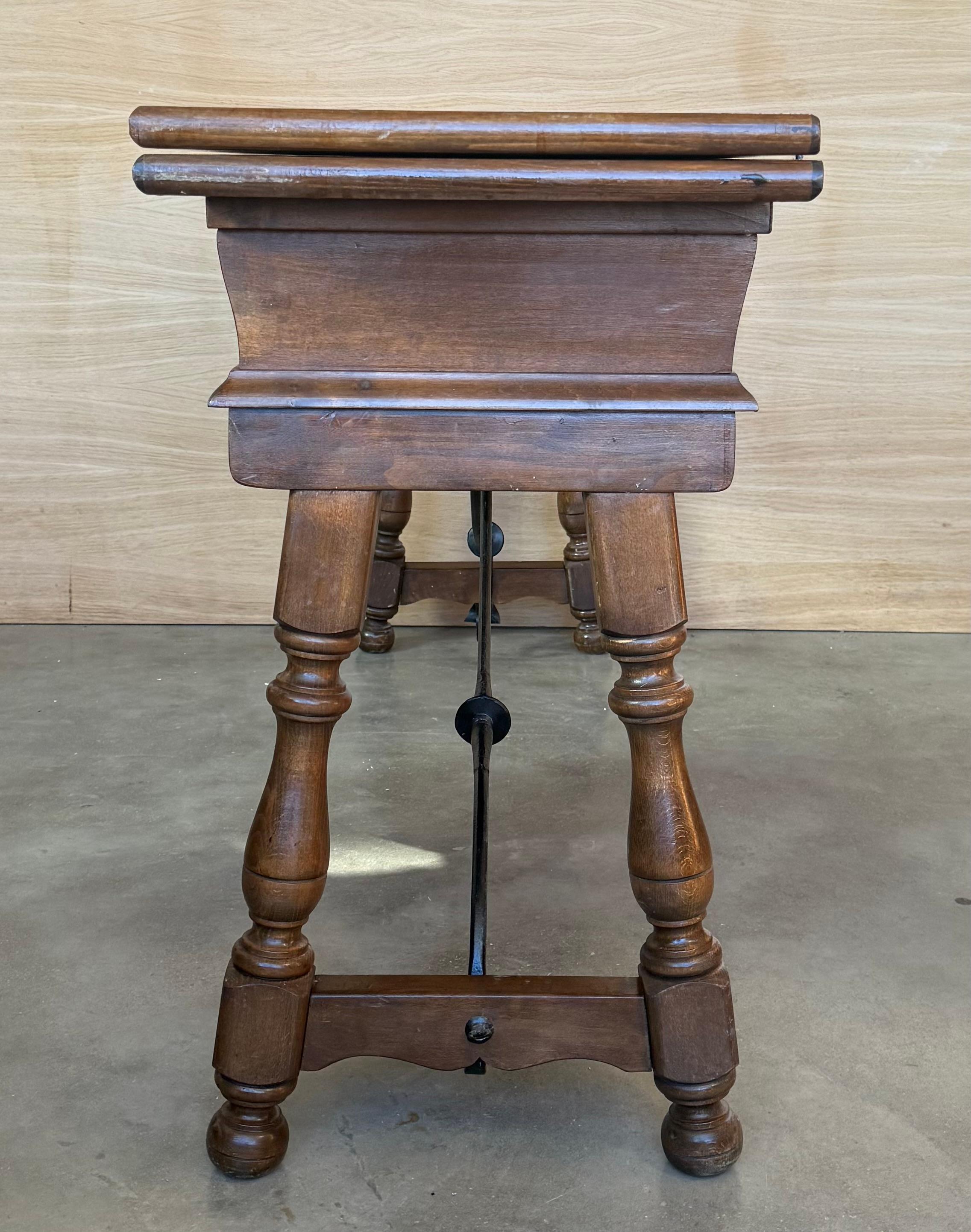 Early 20th Century Spanish Fold Out Console Table with Iron Stretcher & 3 Drawer For Sale 2