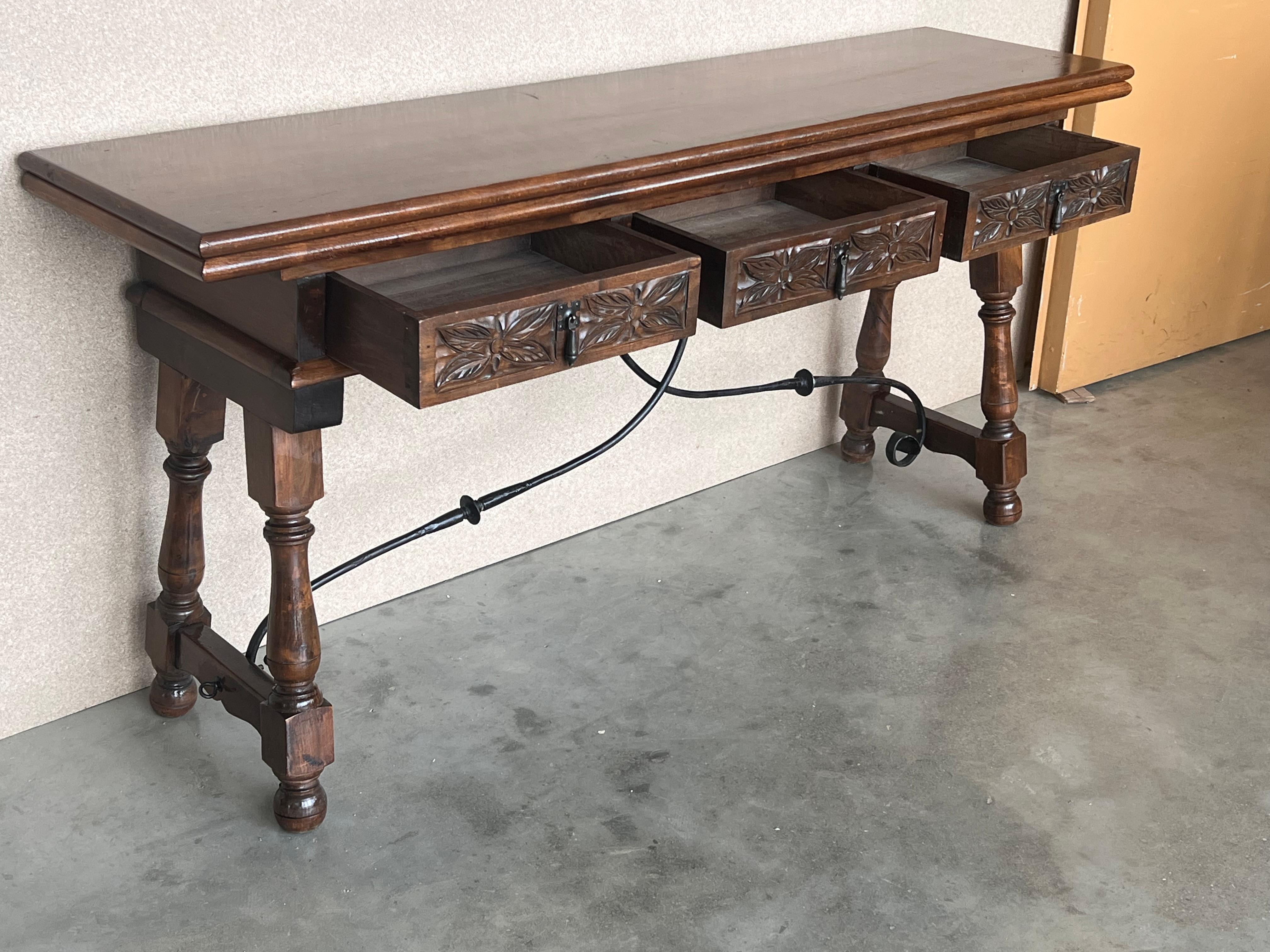 Early 20th Century Spanish Fold Out Console Table with Iron Stretcher & 3 Drawer 2