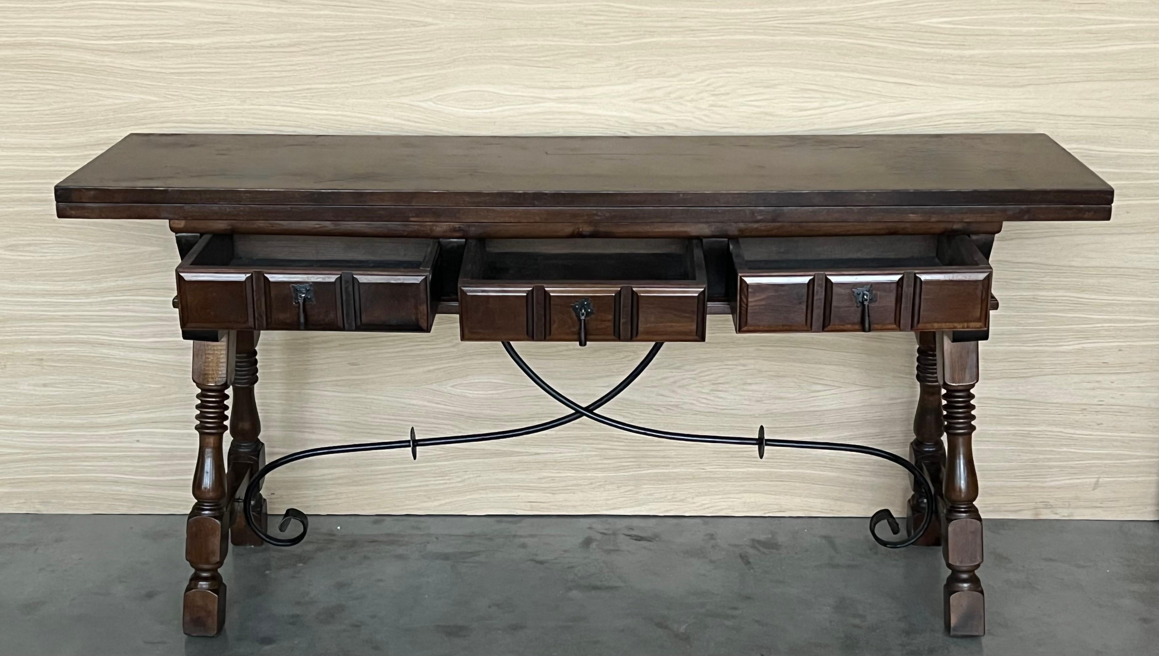 Early 20th Century Spanish Fold Out Console Table with Iron Stretcher & 3 Drawer For Sale 3