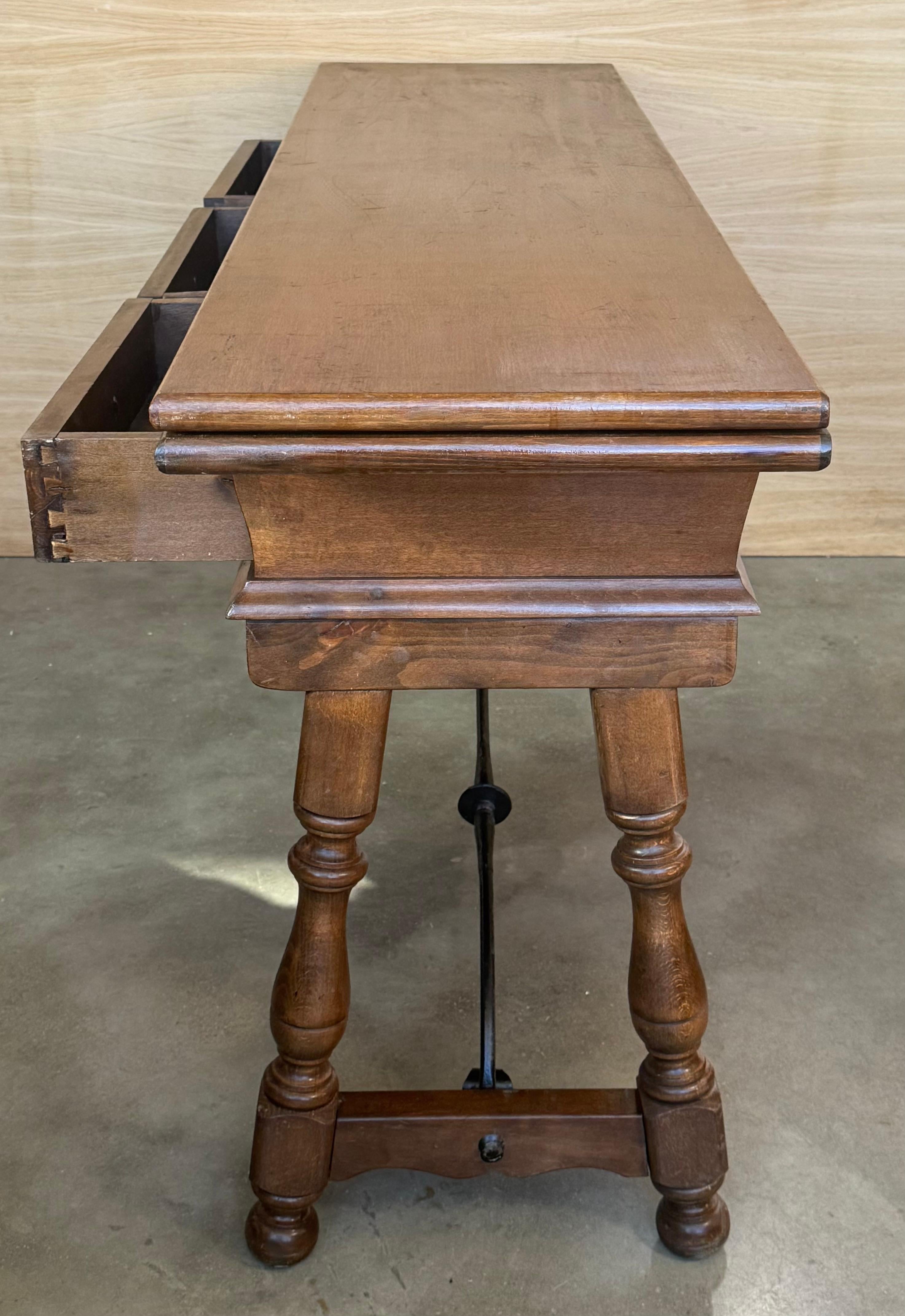 Early 20th Century Spanish Fold Out Console Table with Iron Stretcher & 3 Drawer For Sale 3
