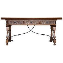 Early 20th Century Spanish Fold Out Console Table with Iron Stretcher & 3 Drawer