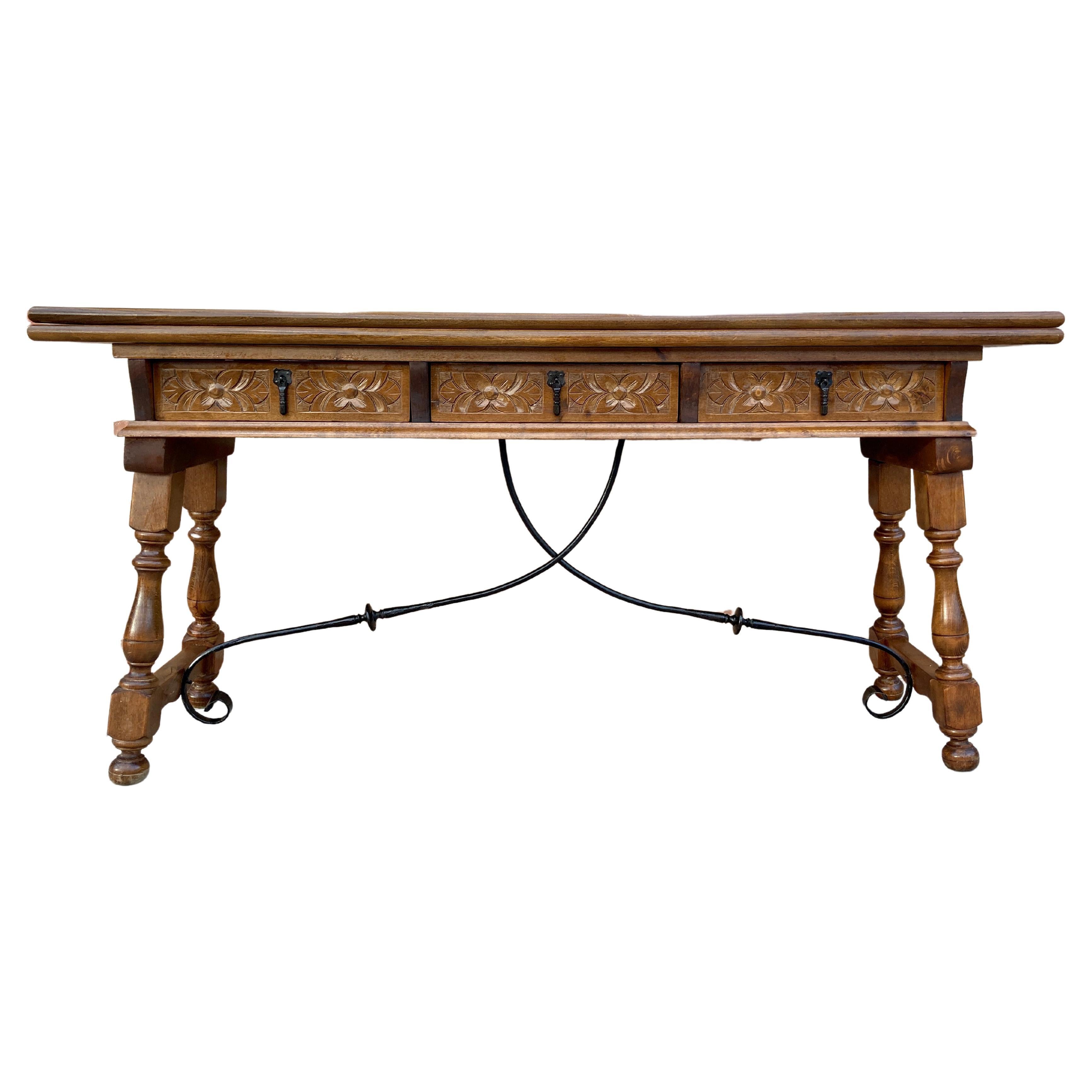 Early 20th Century Spanish Fold Out Console Table with Iron Stretcher & 3 Drawer