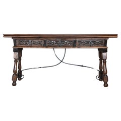 Early 20th Century Spanish Fold Out Console Table with Iron Stretcher & 3 Drawer