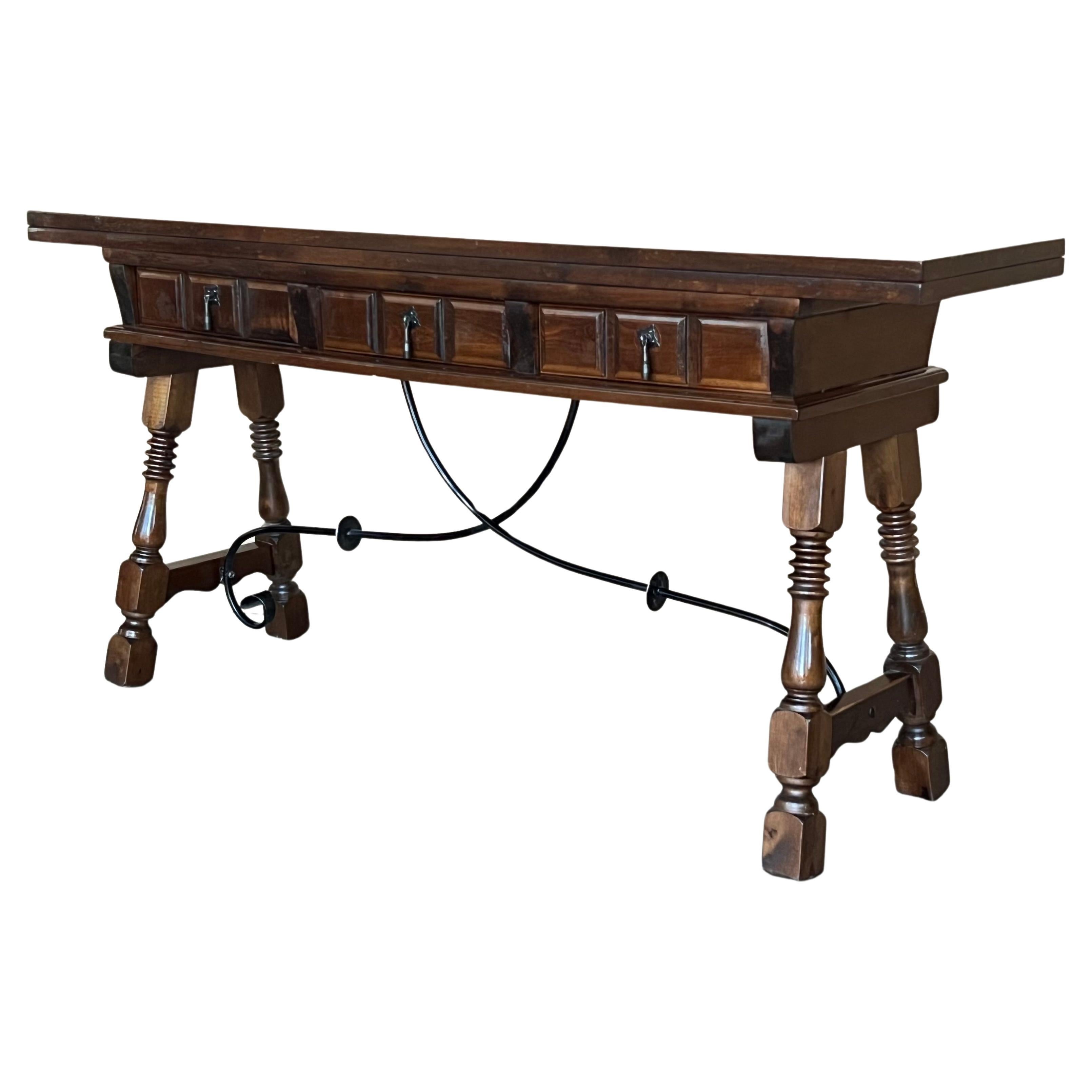 Early 20th Century Spanish Fold Out Console Table with Iron Stretcher & 3 Drawer For Sale