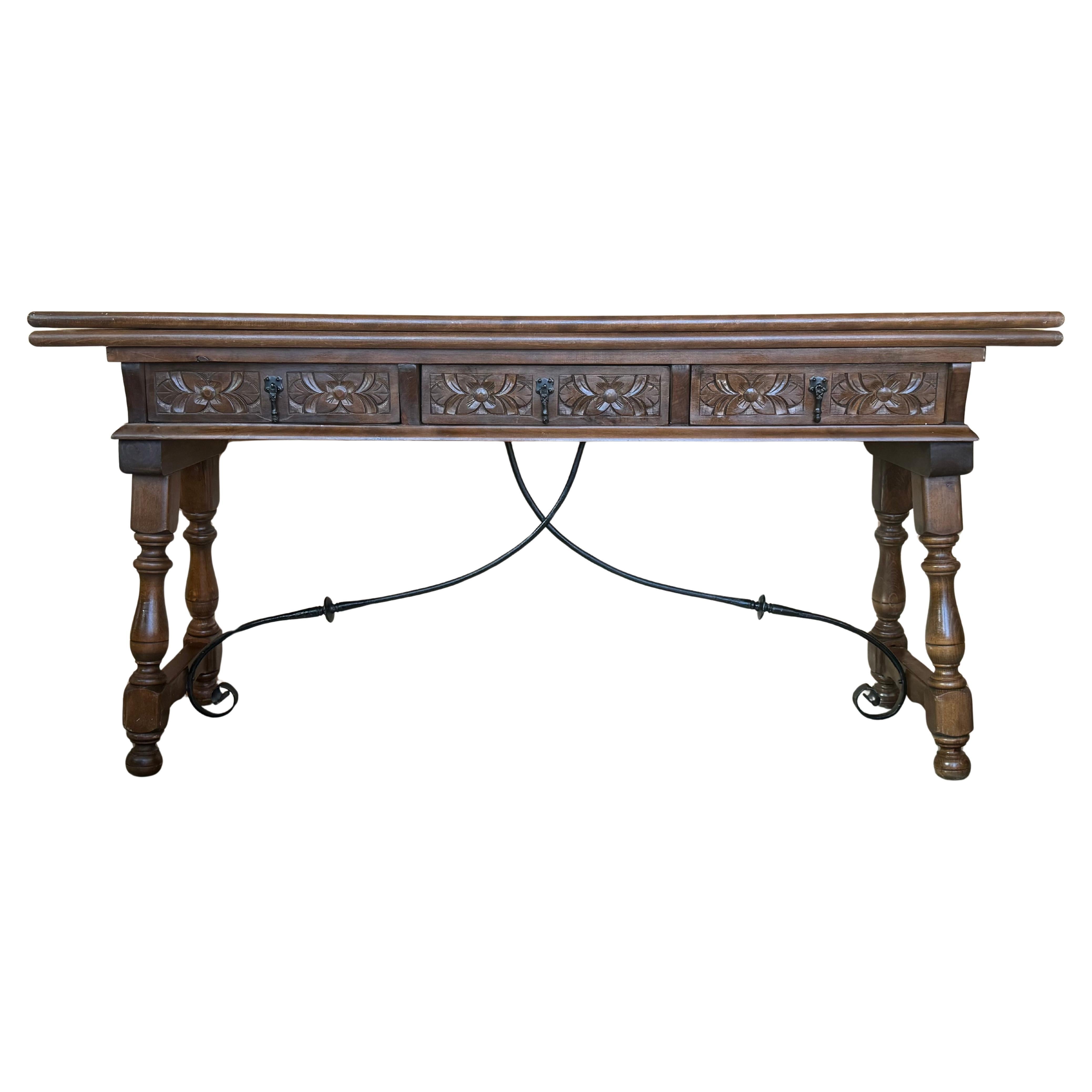Early 20th Century Spanish Fold Out Console Table with Iron Stretcher & 3 Drawer