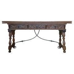 Early 20th Century Spanish Fold Out Console Table with Iron Stretcher & 3 Drawer