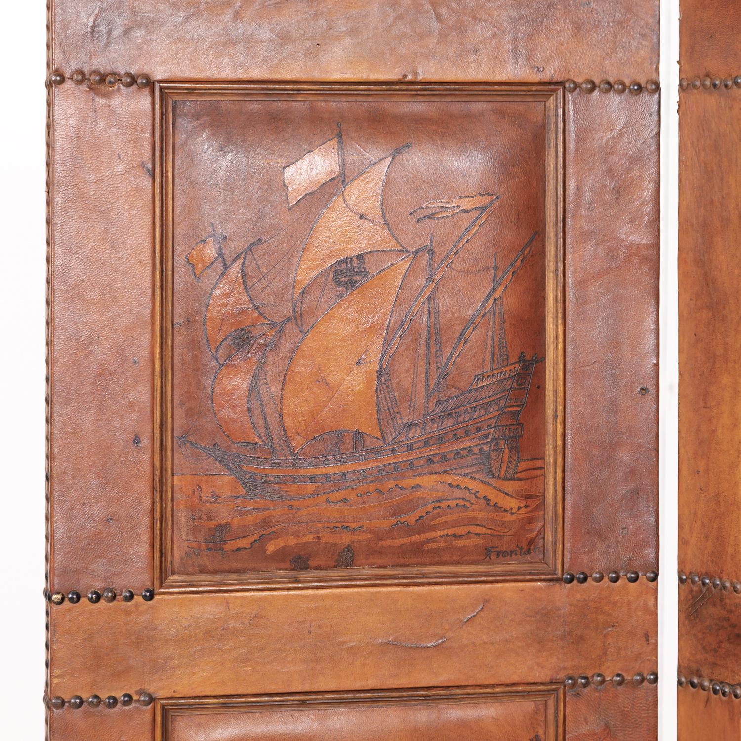 Early 20th Century Spanish Four-Panel Hand Embossed Leather Dividing Screen 8