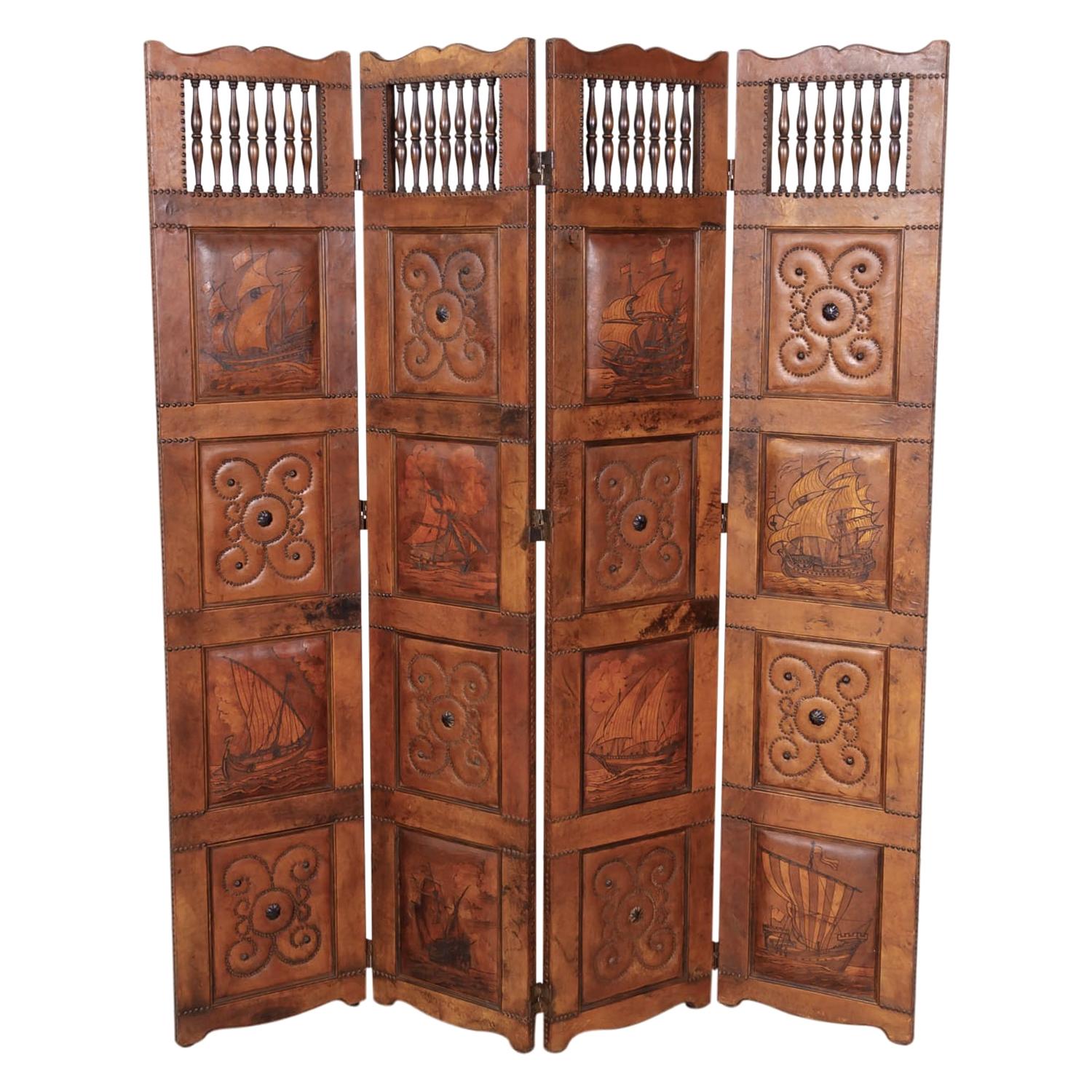 Early 20th Century Spanish Four-Panel Hand Embossed Leather Dividing Screen