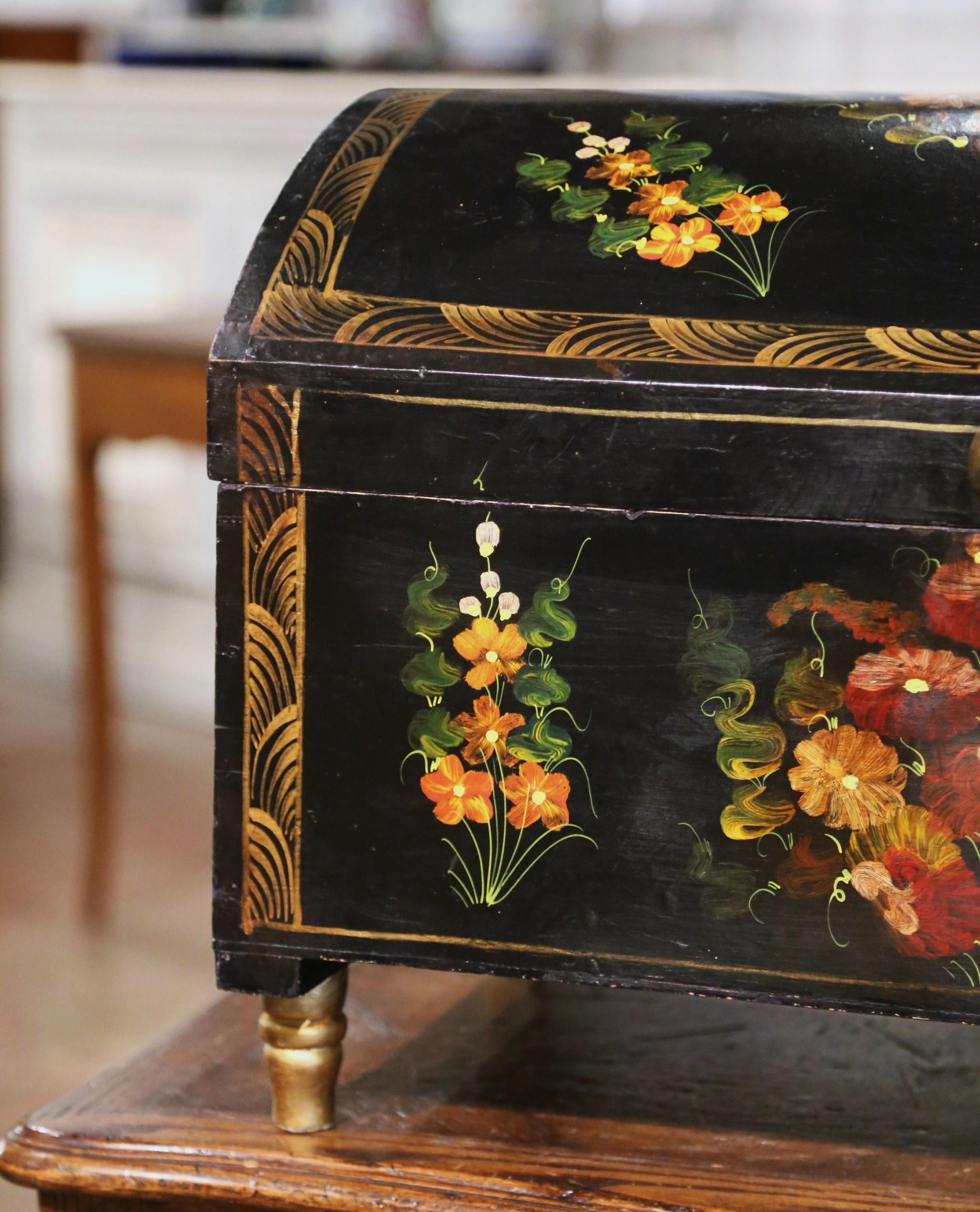 Country Early 20th Century Spanish Hand Painted Domed Wedding Box with Floral Motifs For Sale