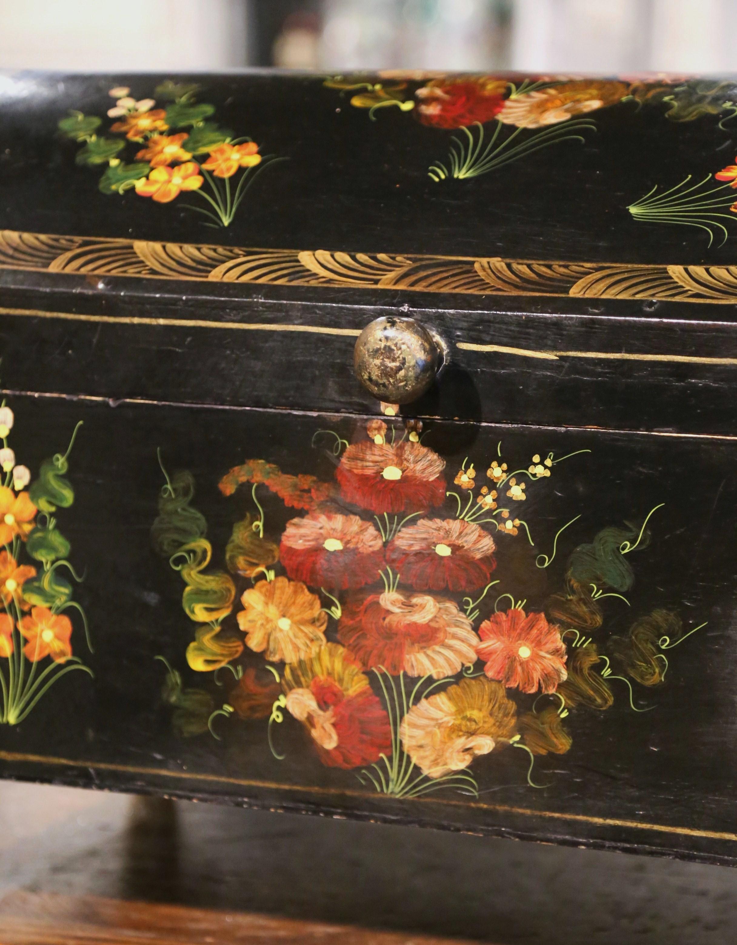 Hand-Crafted Early 20th Century Spanish Hand Painted Domed Wedding Box with Floral Motifs For Sale