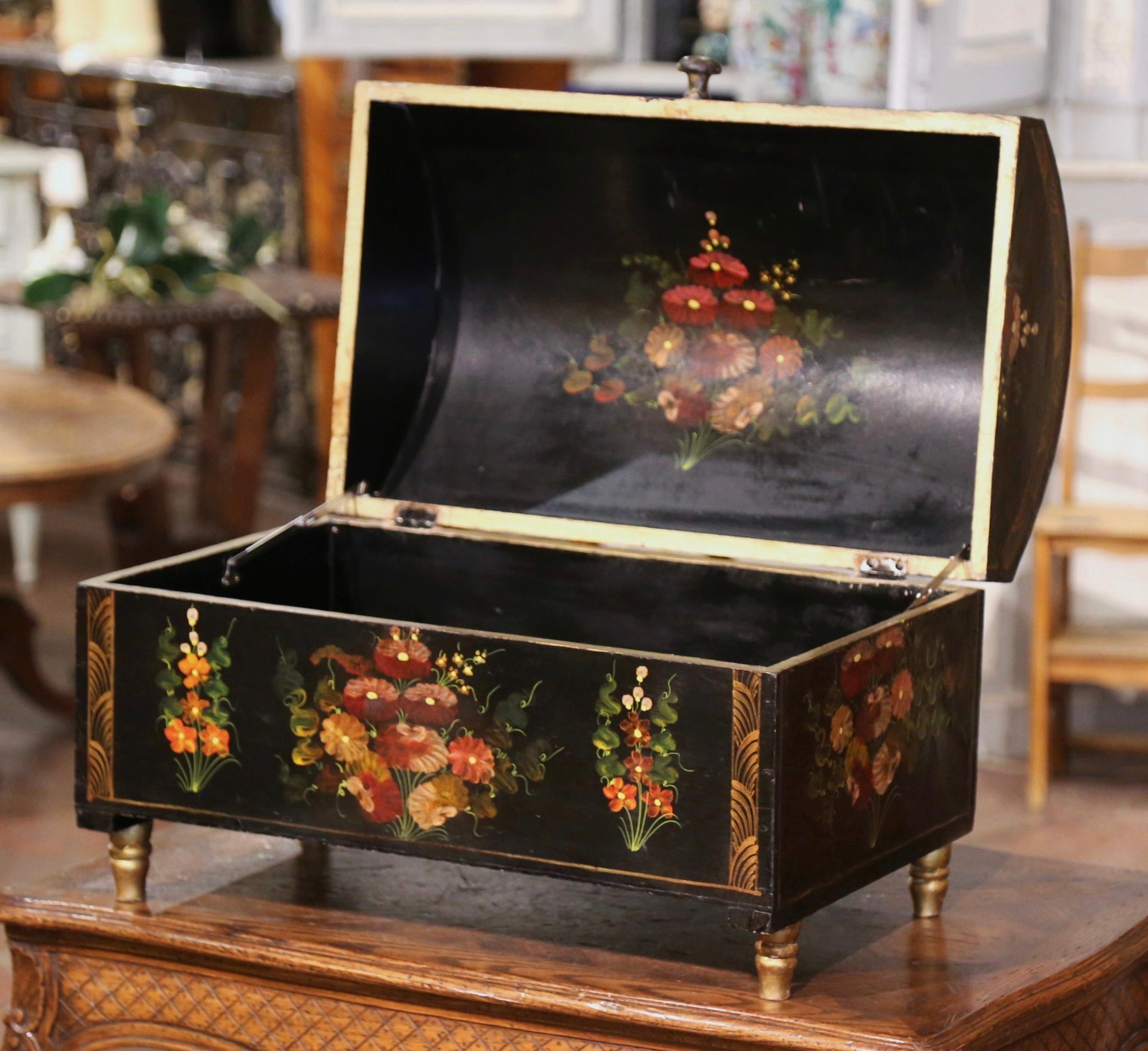 Wood Early 20th Century Spanish Hand Painted Domed Wedding Box with Floral Motifs For Sale