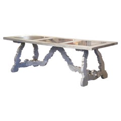 Early 20th Century Spanish Marble Inset Carved Oak and Painted Dining Table