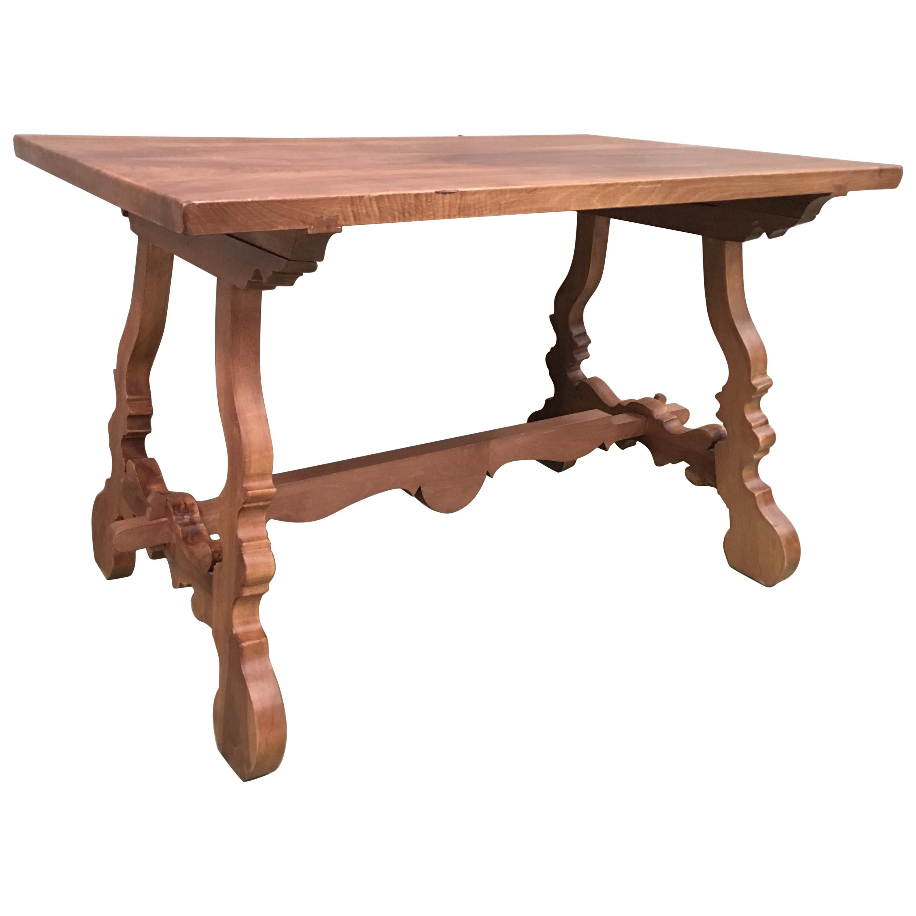 Early 20th Century Spanish Pine Trestle Table with Wood Stretcher For Sale