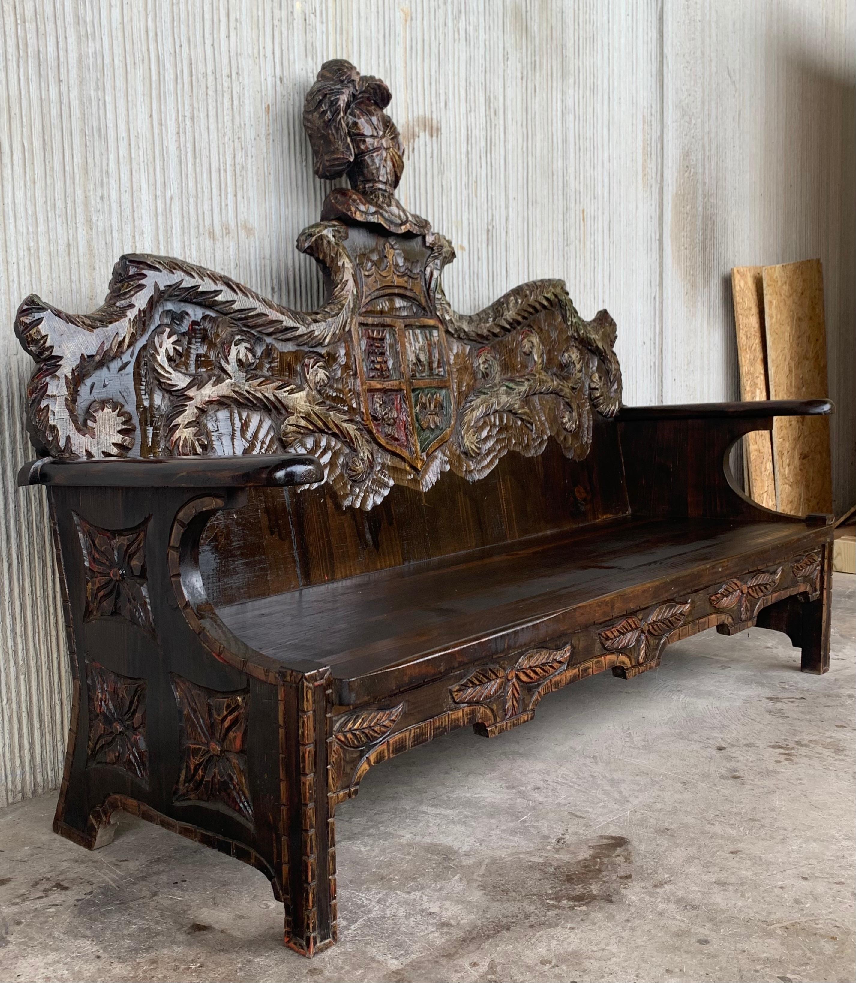 Baroque Early 20th Century Spanish Polychromed Hand Carved Oak Settee or Park Bench For Sale