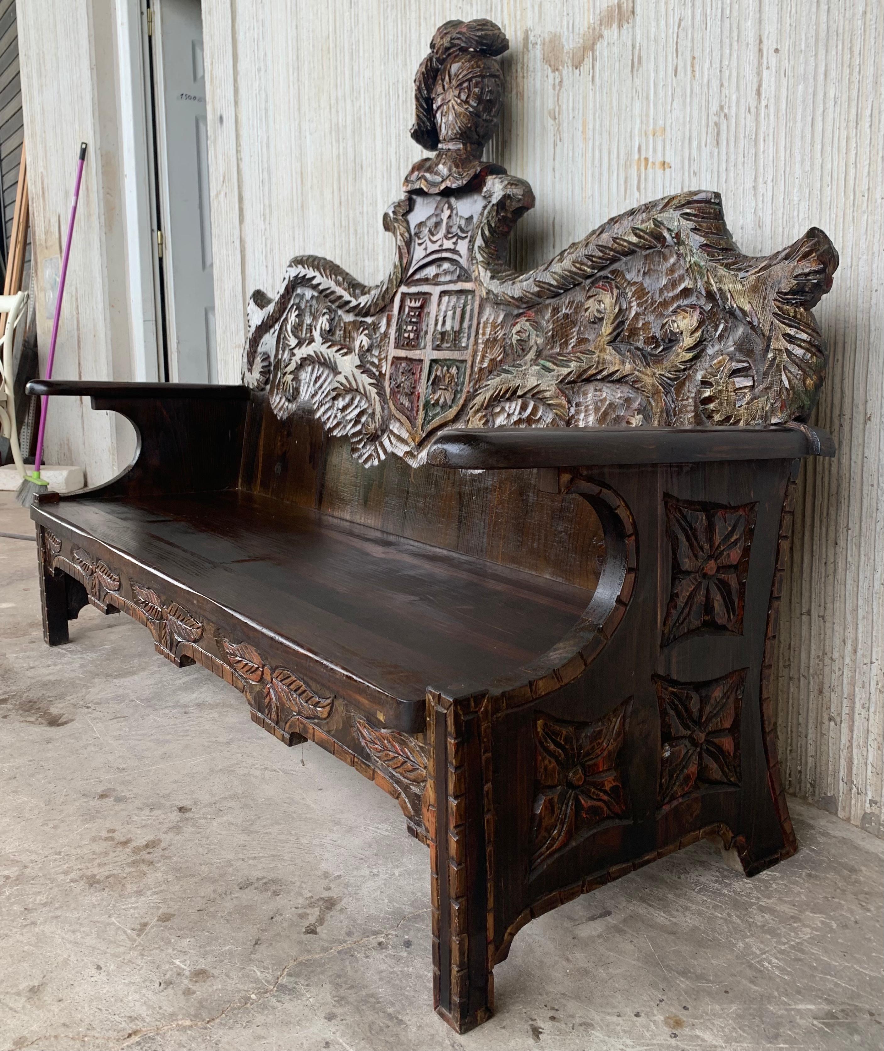 Hand-Carved Early 20th Century Spanish Polychromed Hand Carved Oak Settee or Park Bench For Sale