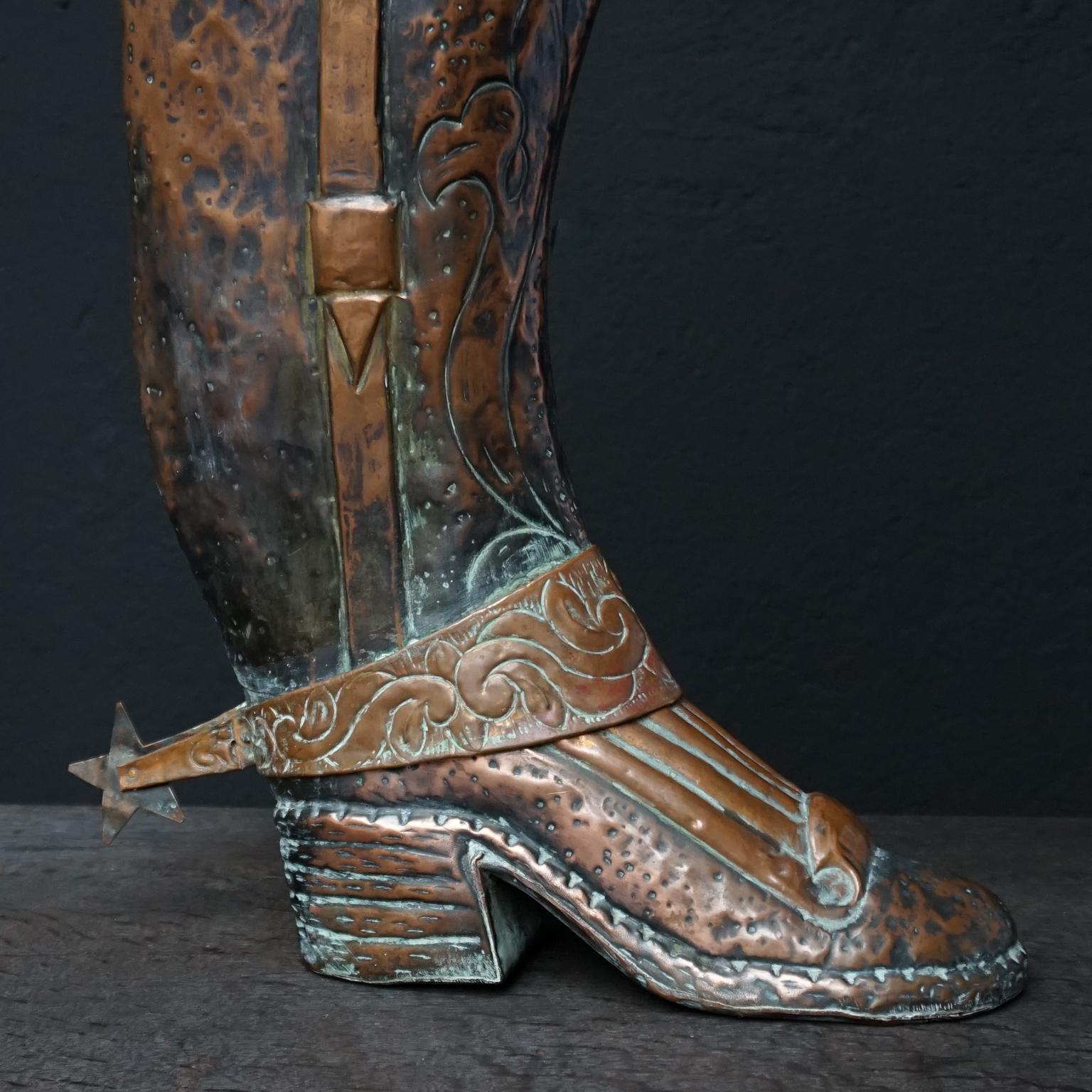Early 20th Century Spanish Repoussé Copper Boot Umbrella and Walking Cane Stand For Sale 1
