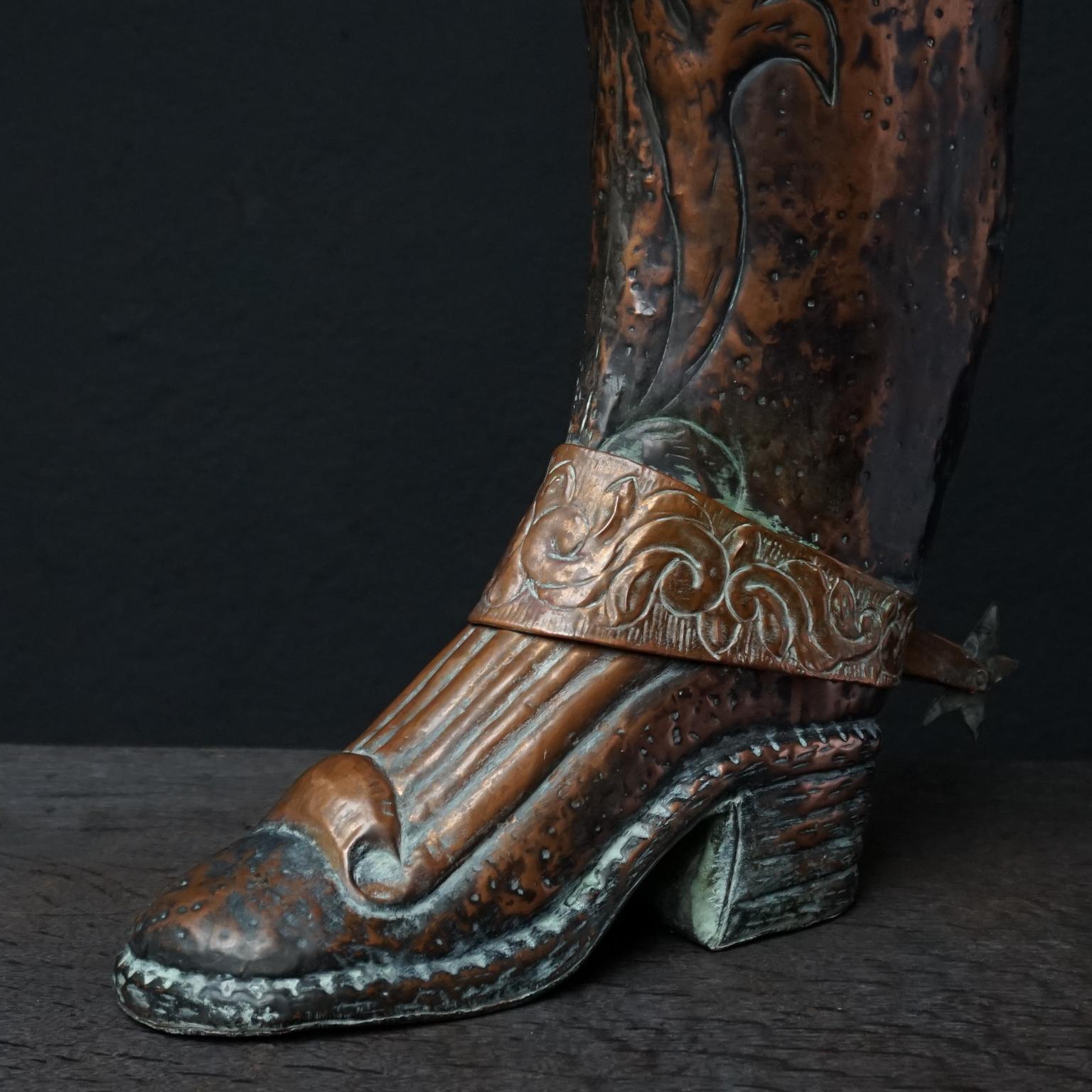 Early 20th Century Spanish Repoussé Copper Boot Umbrella and Walking Cane Stand For Sale 2