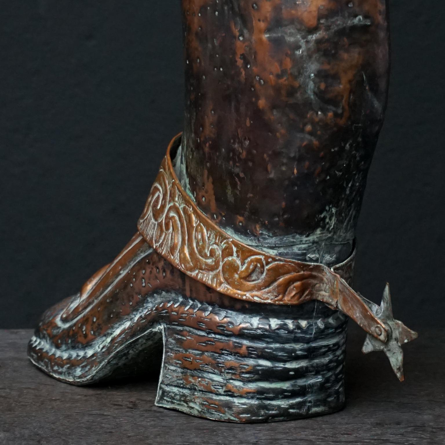 Early 20th Century Spanish Repoussé Copper Boot Umbrella and Walking Cane Stand For Sale 3