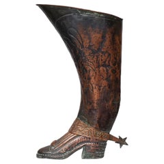 Antique Early 20th Century Spanish Repoussé Copper Boot Umbrella and Walking Cane Stand