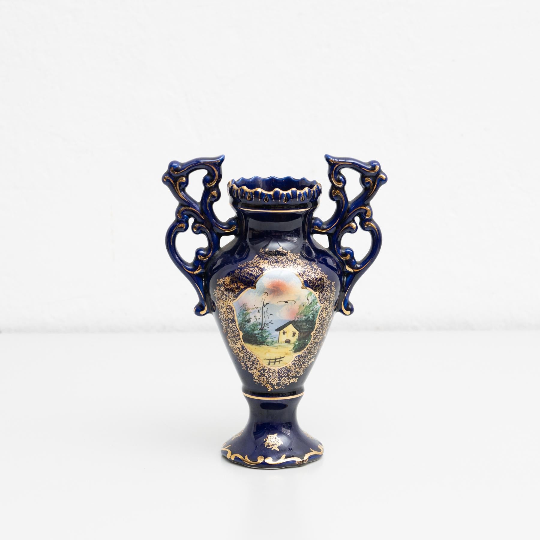 Isabelline hand-painted porcelain vase in the Serves style. Beautifully decorated with a nice scene on the front side.

Made by unknown manufacturer in France, Early 20th Century.

In original condition, with minor wear consistent with age and