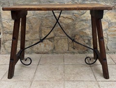 Early 20th Century Spanish Table with Wrought Iron Cross Stretchers