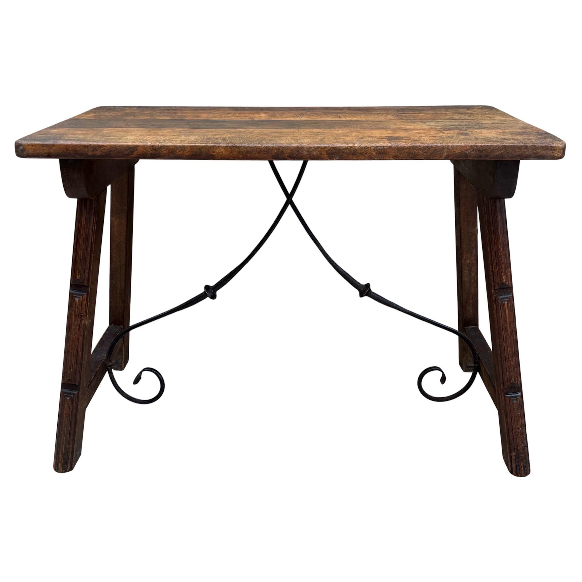 Early 20th Century Spanish Table with Wrought Iron Cross Stretchers