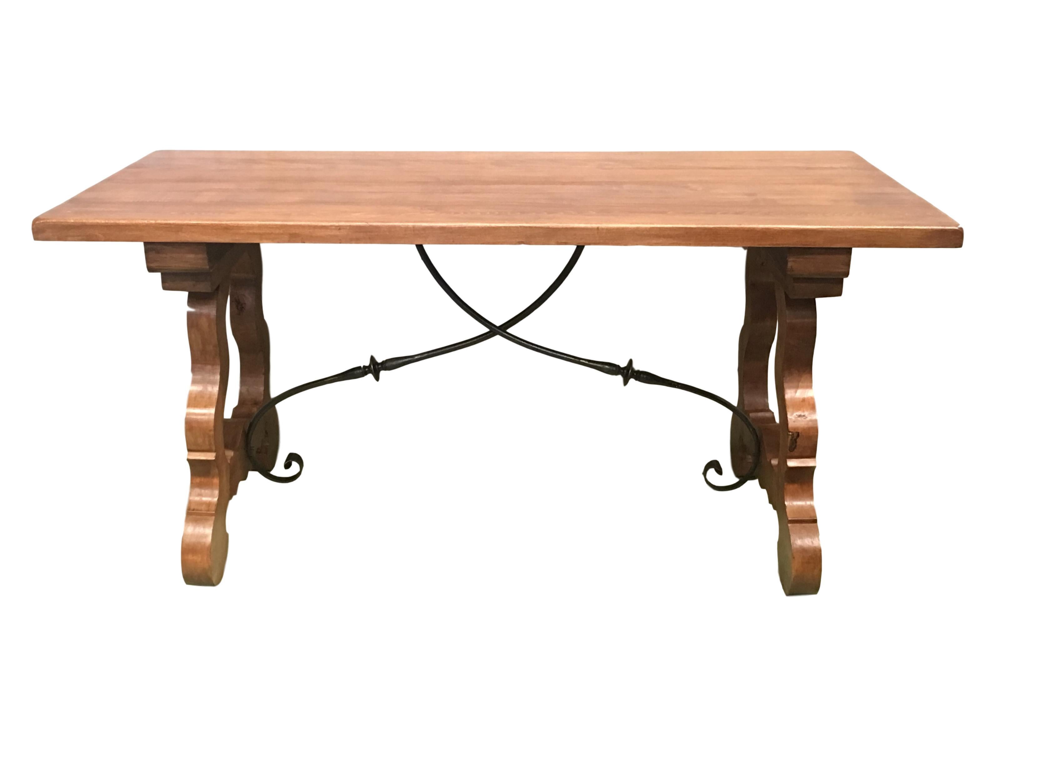 Spanish Colonial Early 20th Century Spanish Walnut Trestle Table and Forged Iron Stretcher, Desk