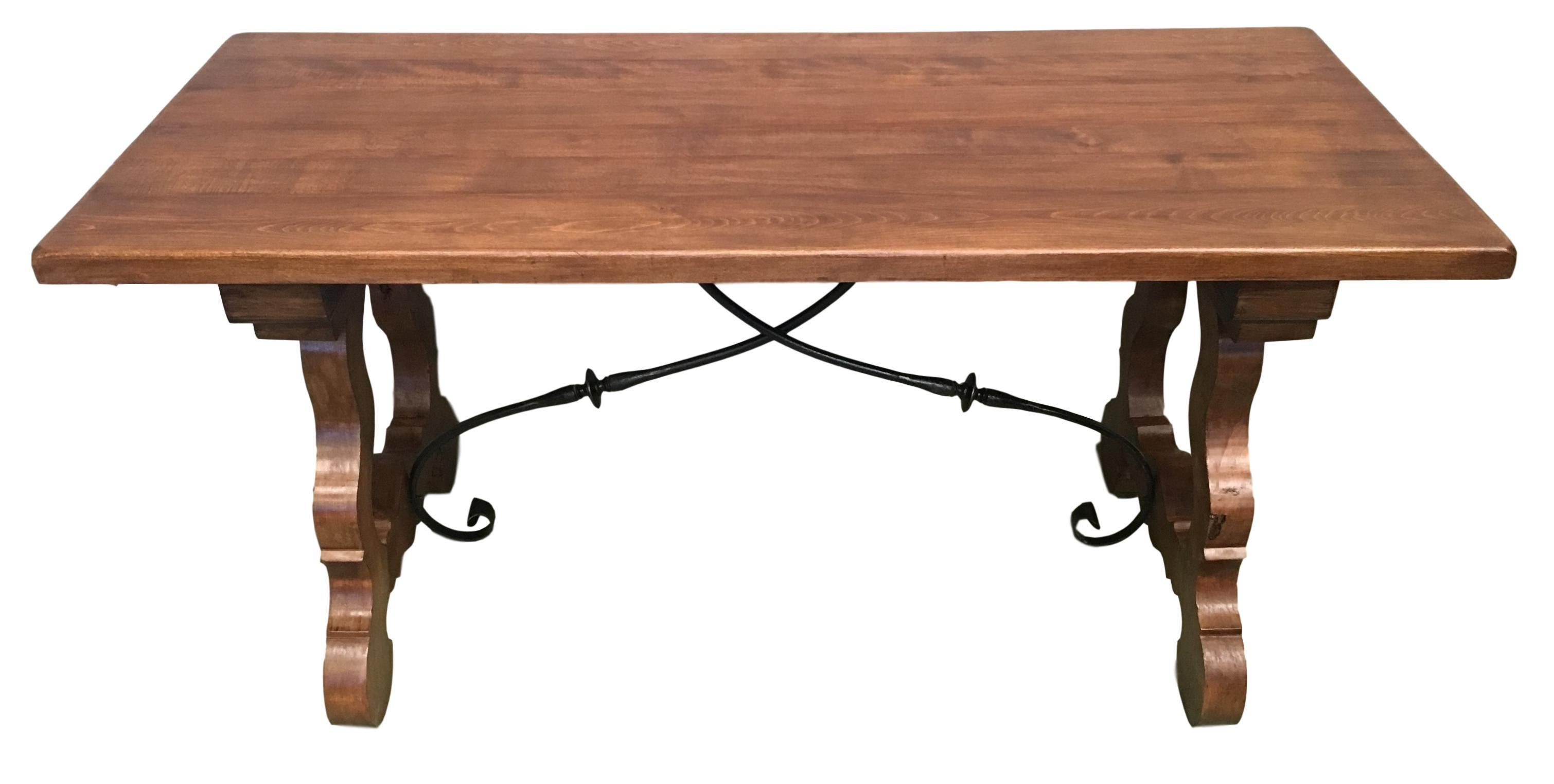 Hand-Carved Early 20th Century Spanish Walnut Trestle Table and Forged Iron Stretcher, Desk
