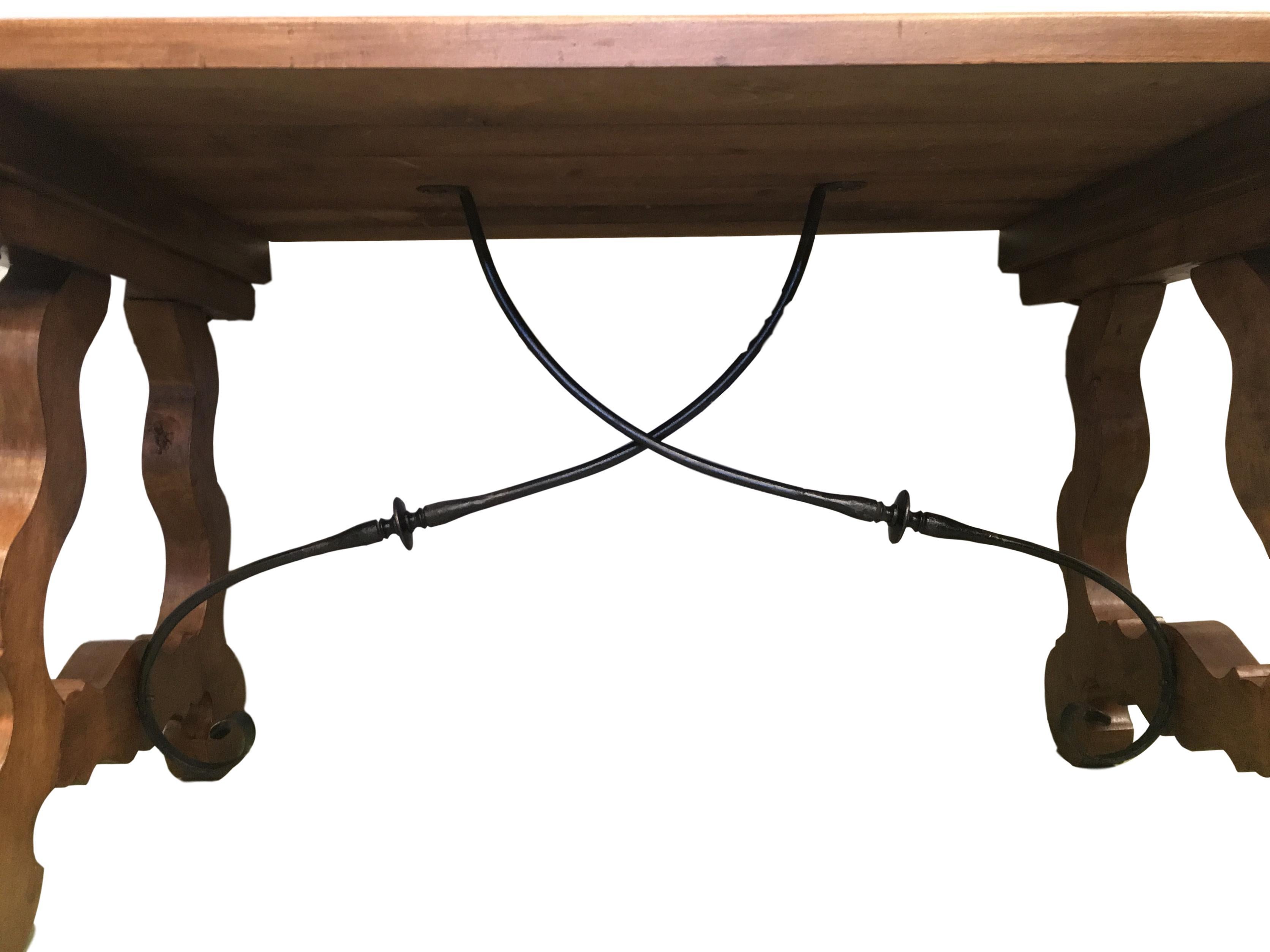 Early 20th Century Spanish Walnut Trestle Table and Forged Iron Stretcher, Desk In Excellent Condition In Miami, FL