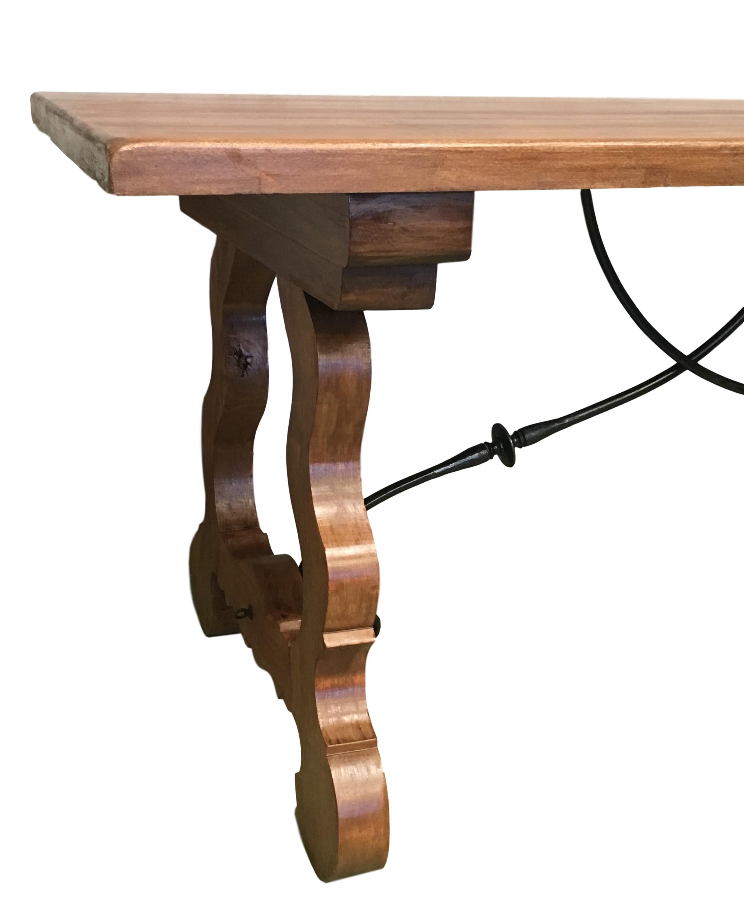 19th Century Early 20th Century Spanish Walnut Trestle Table and Forged Iron Stretcher, Desk