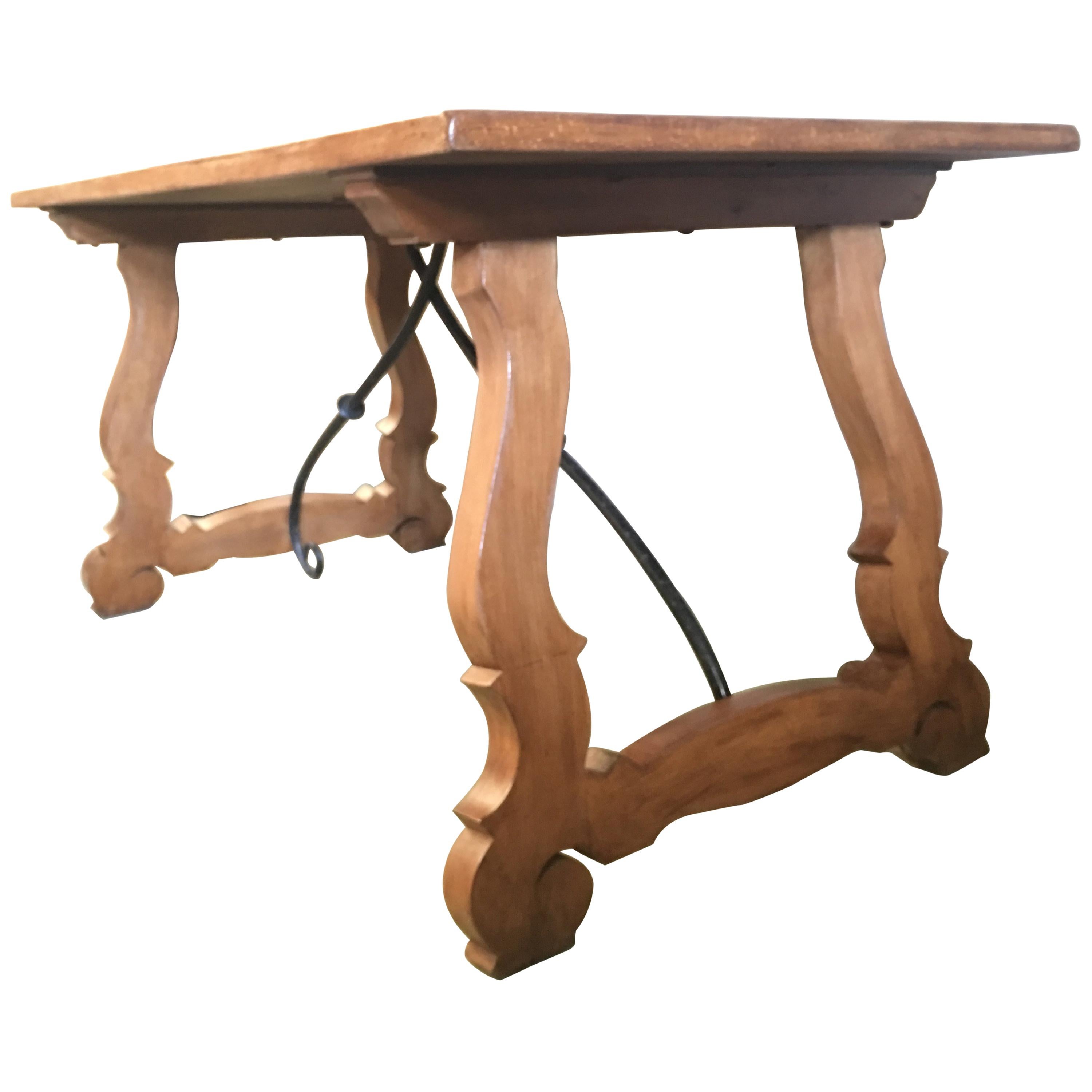 Early 20th Century Spanish Walnut Trestle Table and Forged Iron Stretcher, Desk