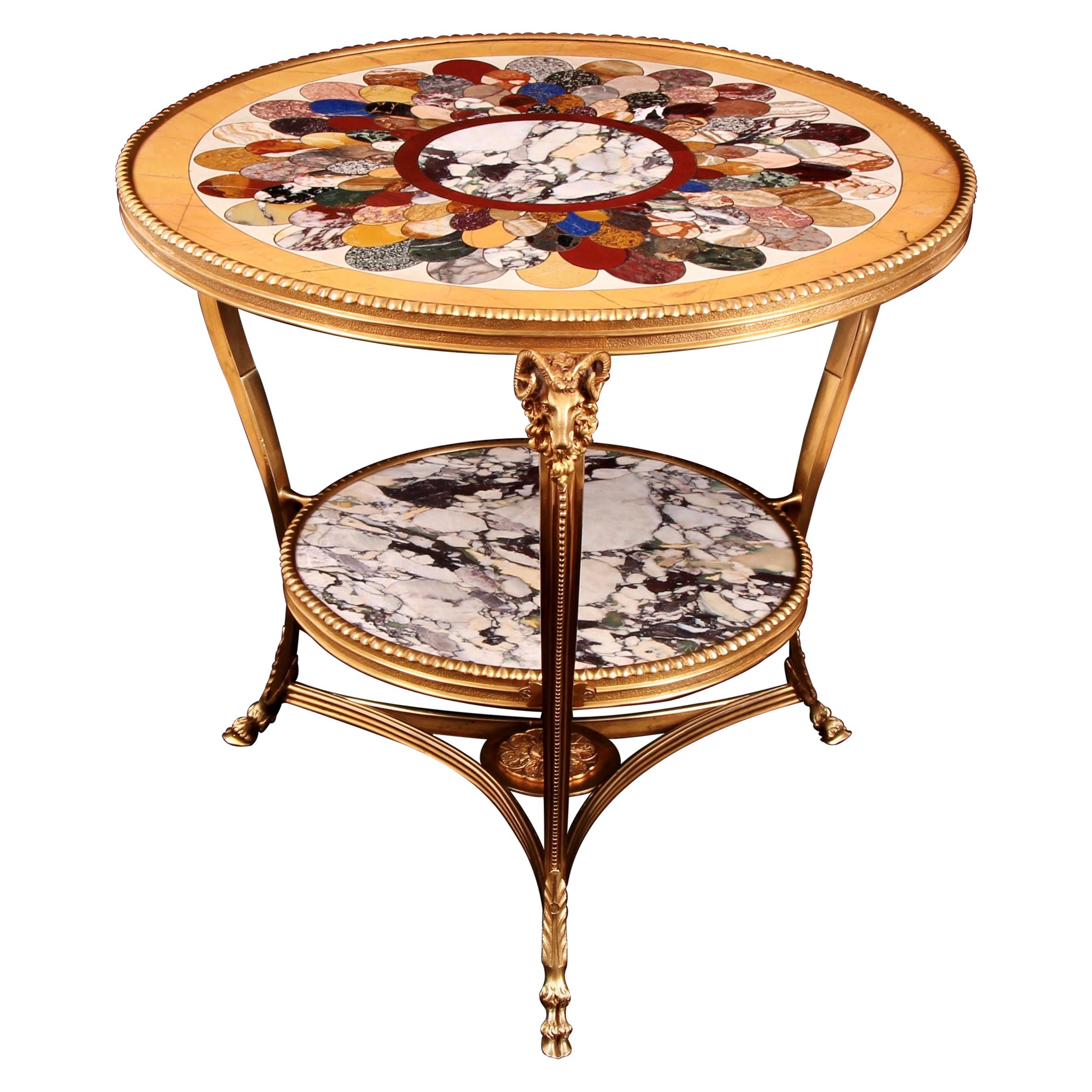 Vergoldeter Bronze-Tisch aus Marmor und Halbedelstein aus dem frühen 20. Jahrhundert