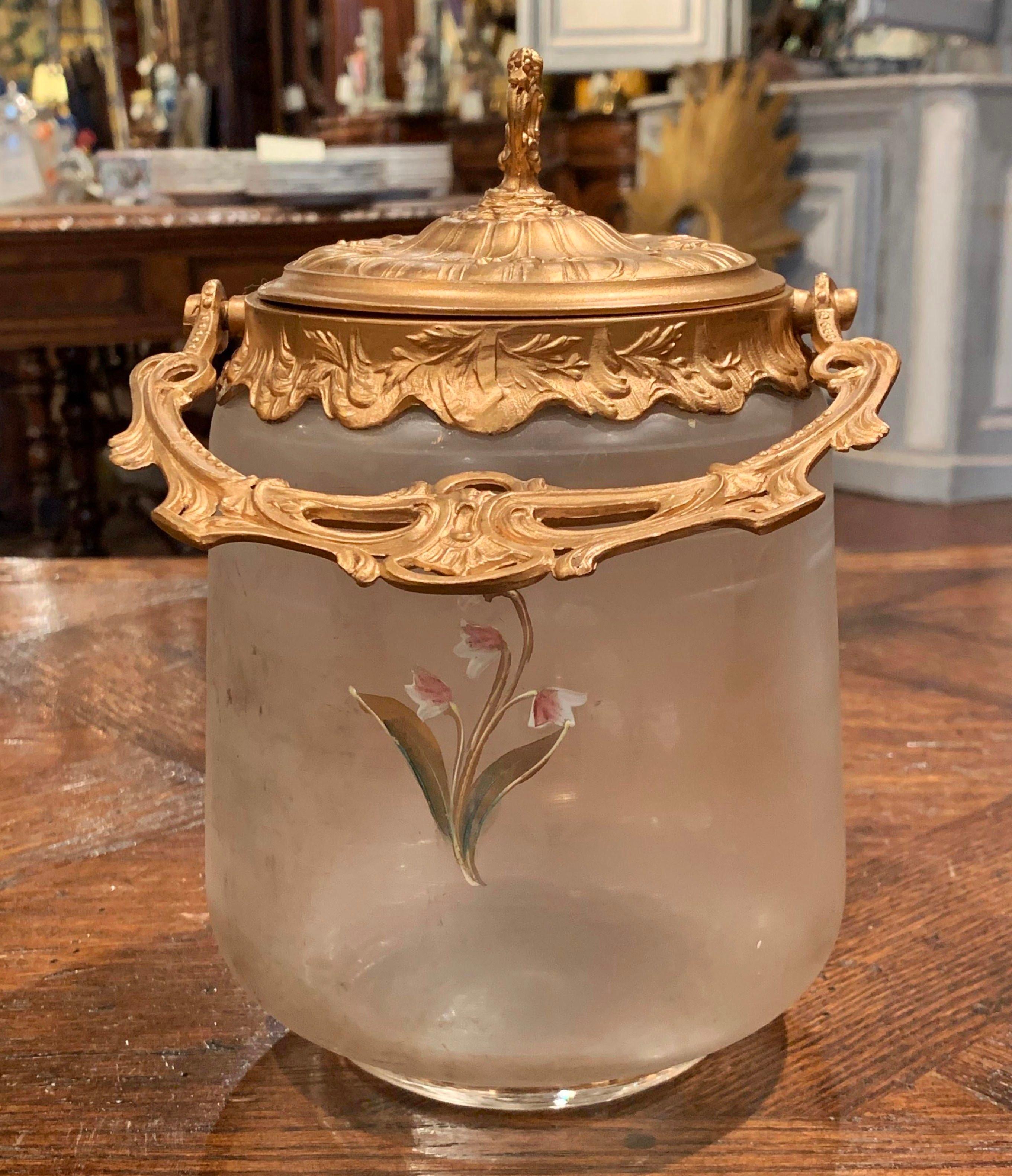 French Early 20th Century Spelter and Hand Painted Frosted Glass Candy Jar with Lid