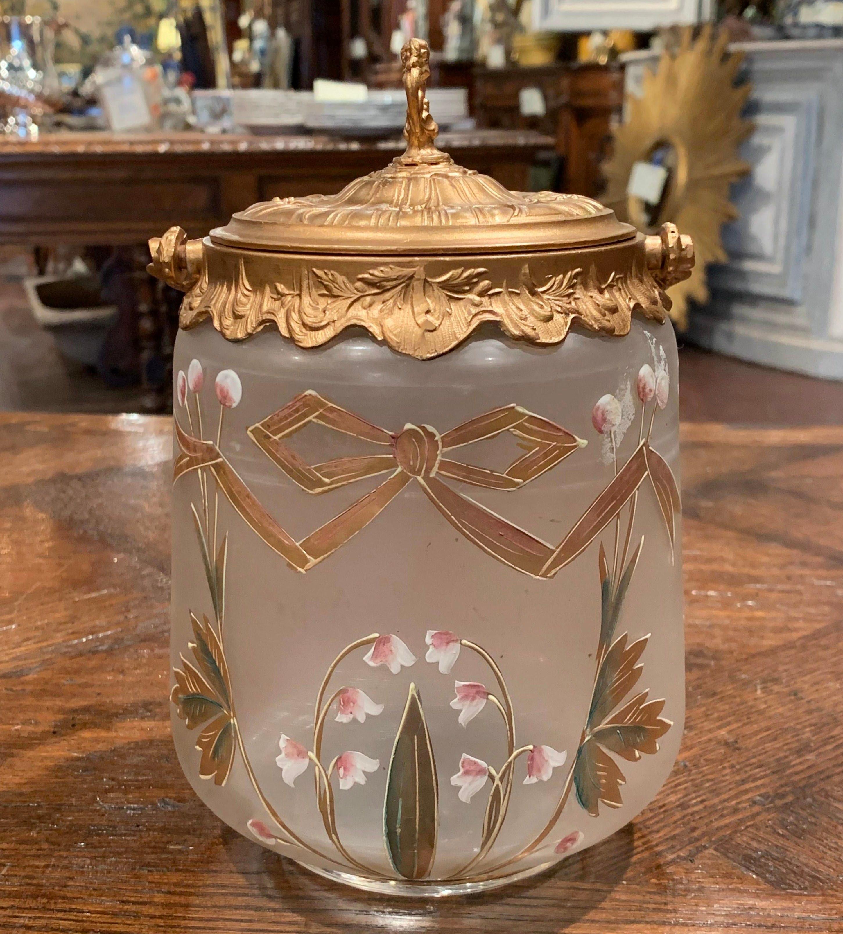 Early 20th Century Spelter and Hand Painted Frosted Glass Candy Jar with Lid In Excellent Condition In Dallas, TX