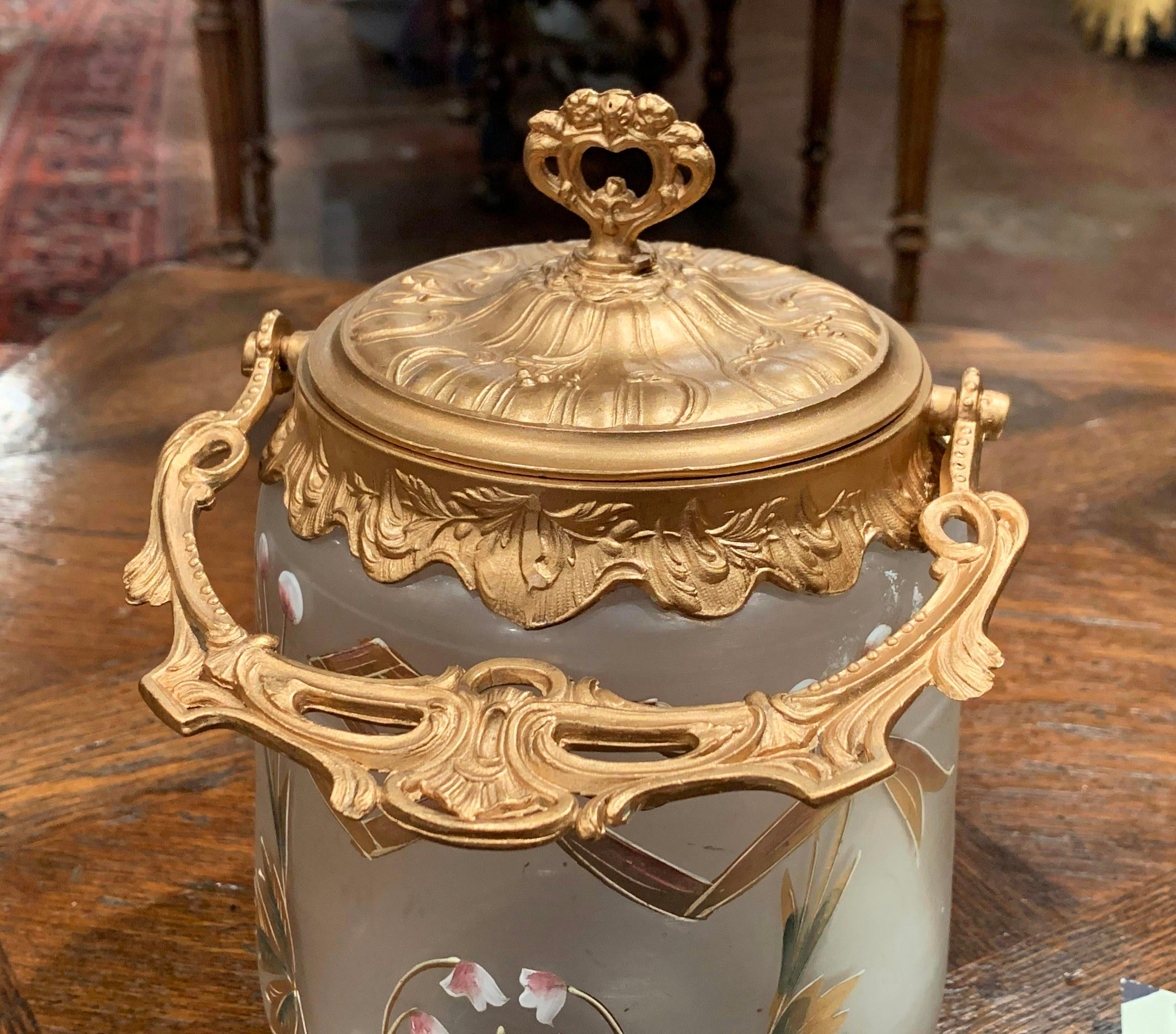 Early 20th Century Spelter and Hand Painted Frosted Glass Candy Jar with Lid 1