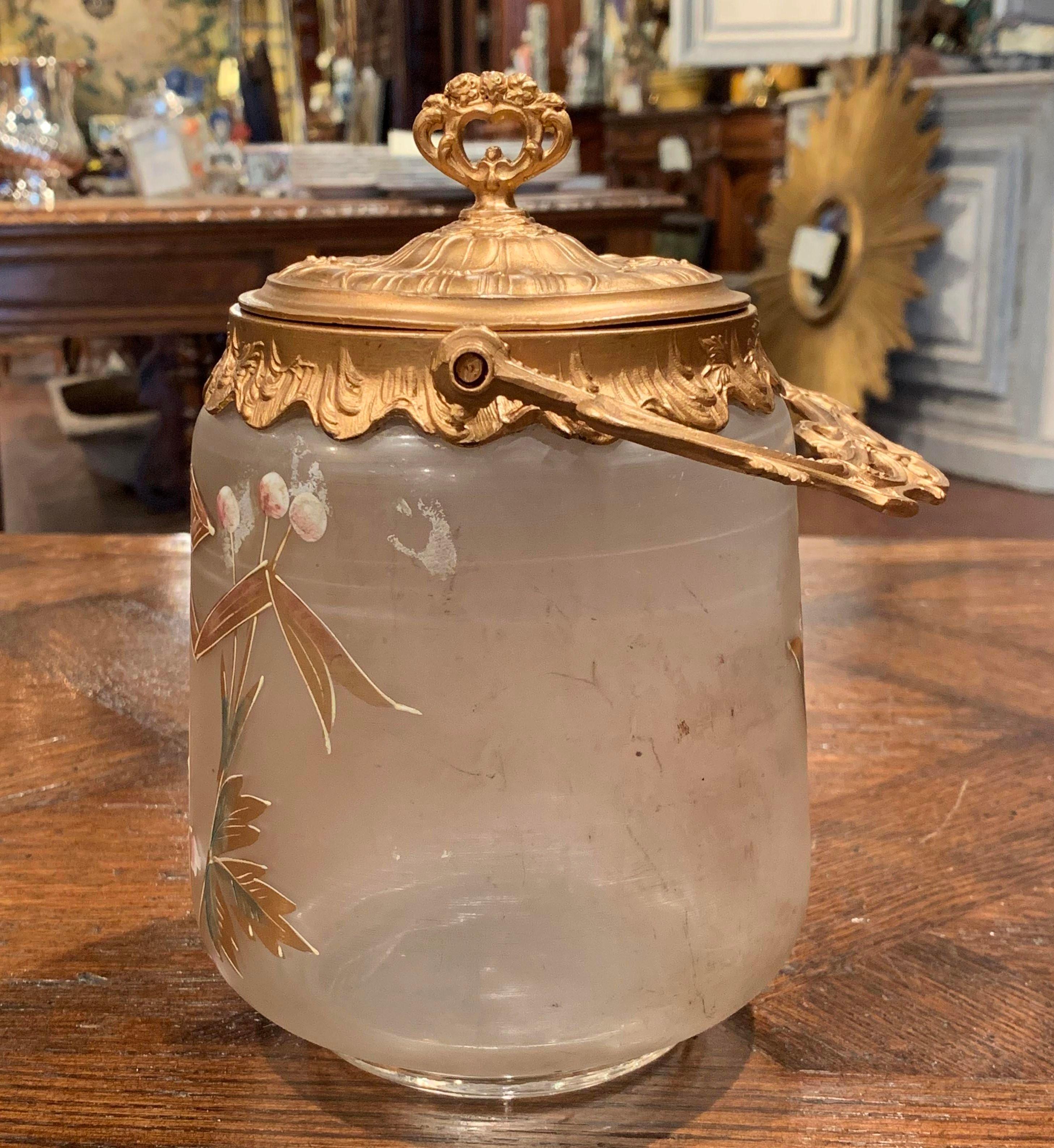 Early 20th Century Spelter and Hand Painted Frosted Glass Candy Jar with Lid 2