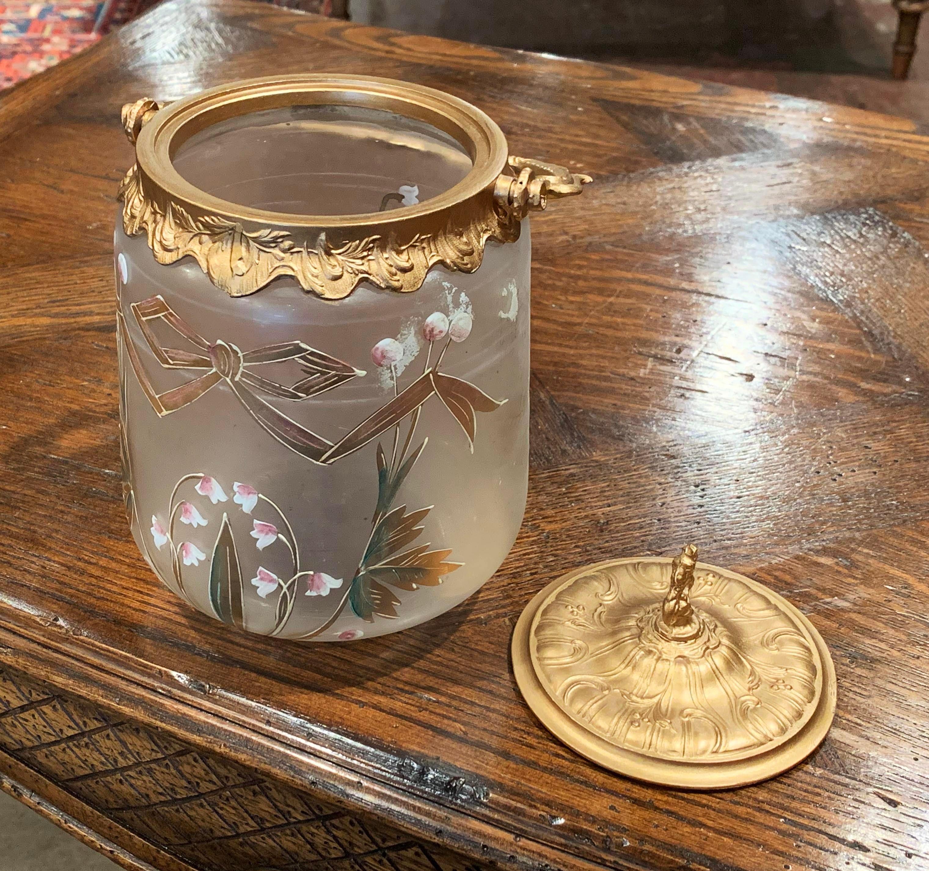 Early 20th Century Spelter and Hand Painted Frosted Glass Candy Jar with Lid 3