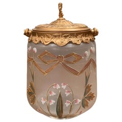 Early 20th Century Spelter and Hand Painted Frosted Glass Candy Jar with Lid