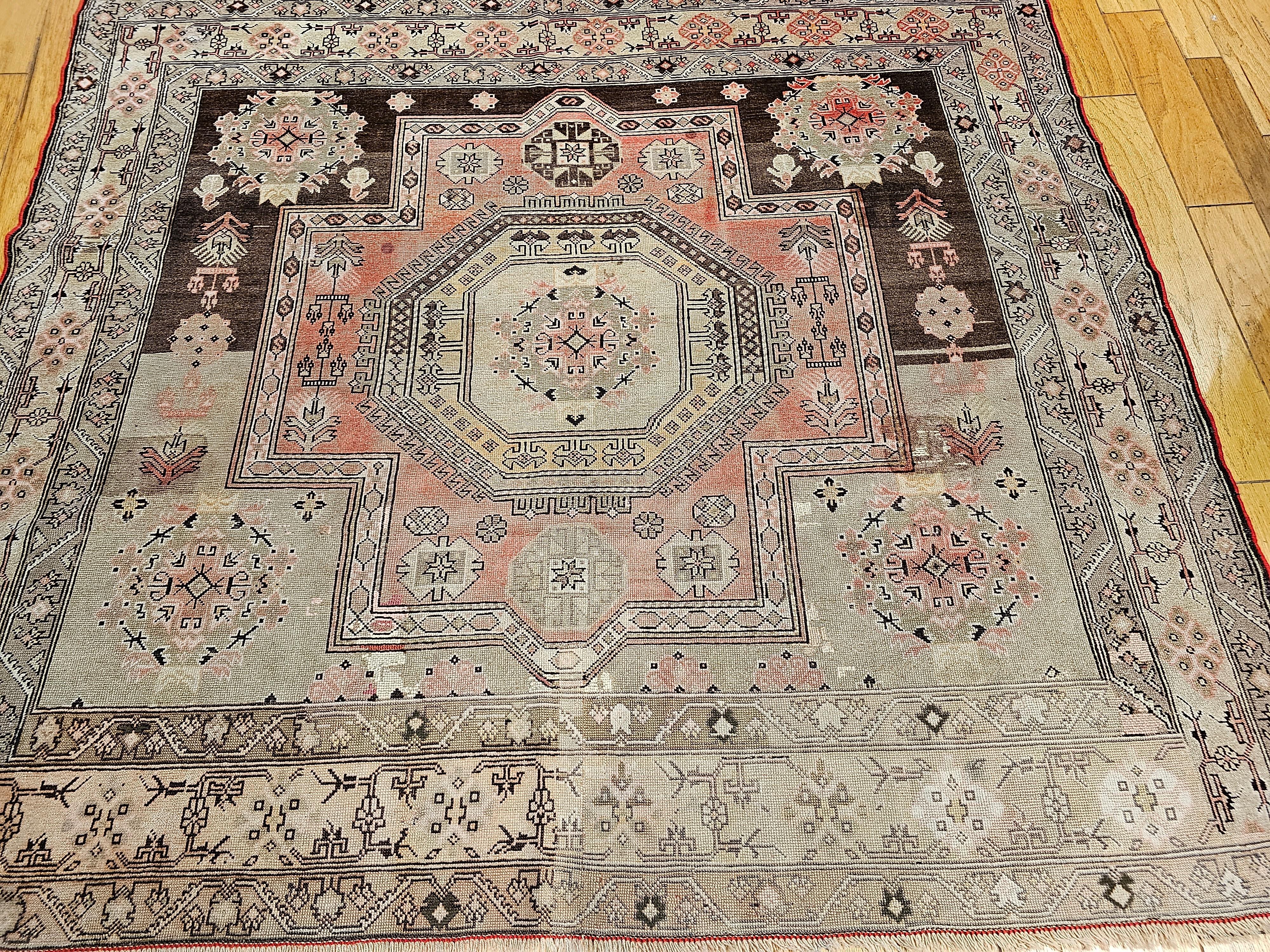 Early 20th Century Square Size Turkish Oushak in Chocolate, Tan, Yellow, Pink For Sale 5