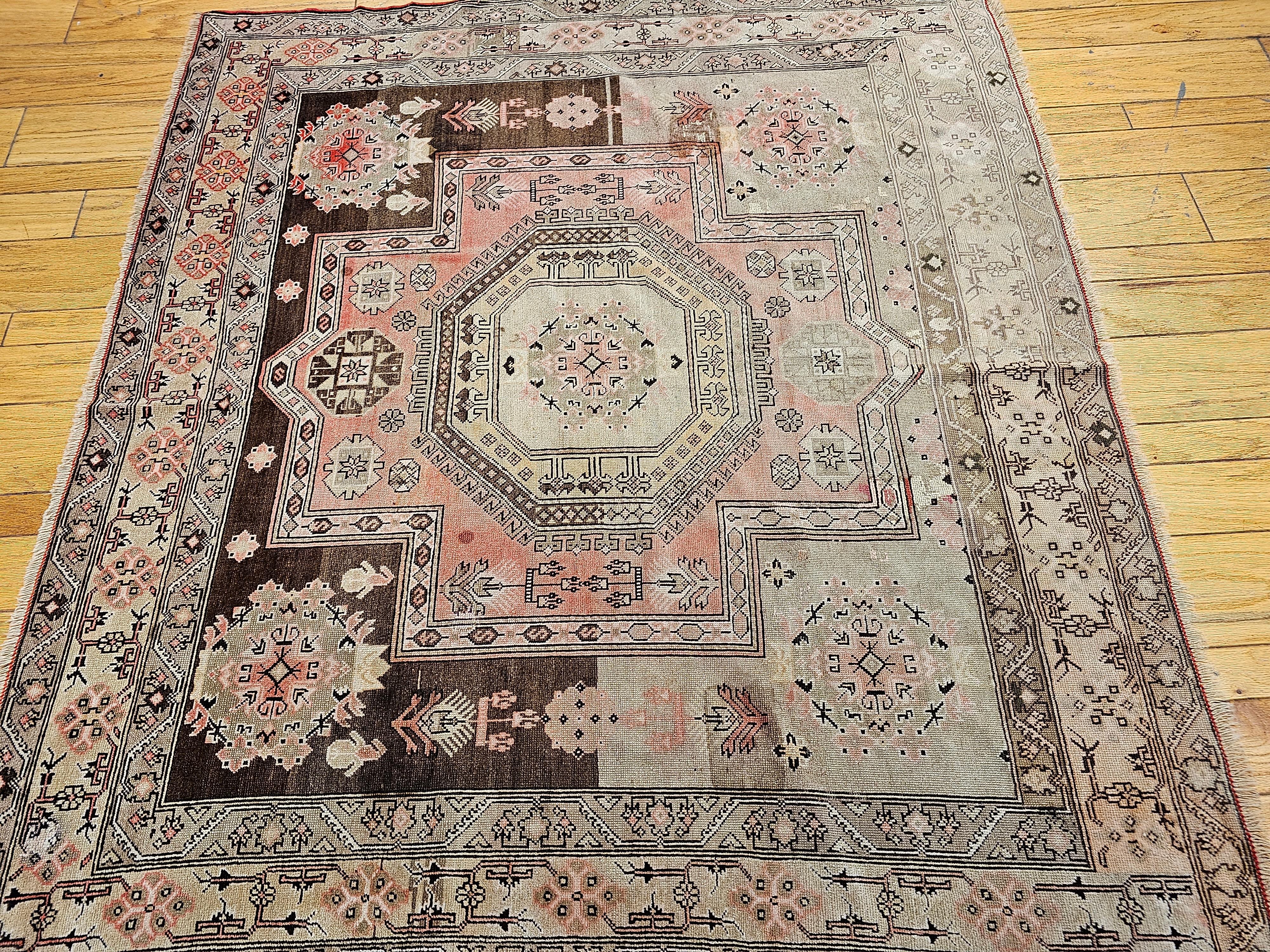 Early 20th Century Square Size Turkish Oushak in Chocolate, Tan, Yellow, Pink For Sale 8