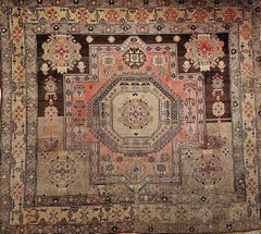 Early 20th Century Square Size Turkish Oushak in Chocolate, Tan, Yellow, Pink