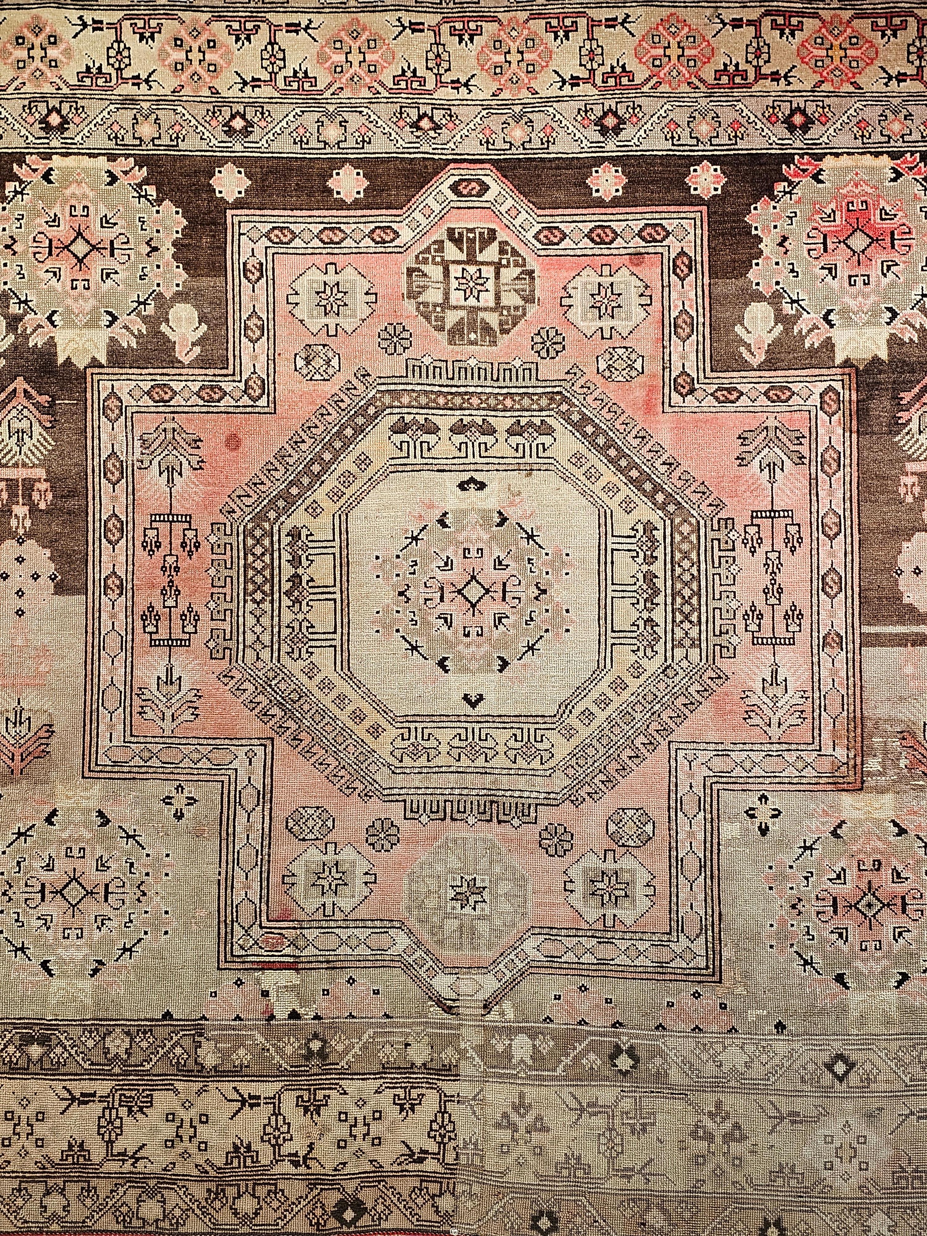 Vegetable Dyed Early 20th Century Square Size Turkish Oushak in Chocolate, Tan, Yellow, Pink For Sale