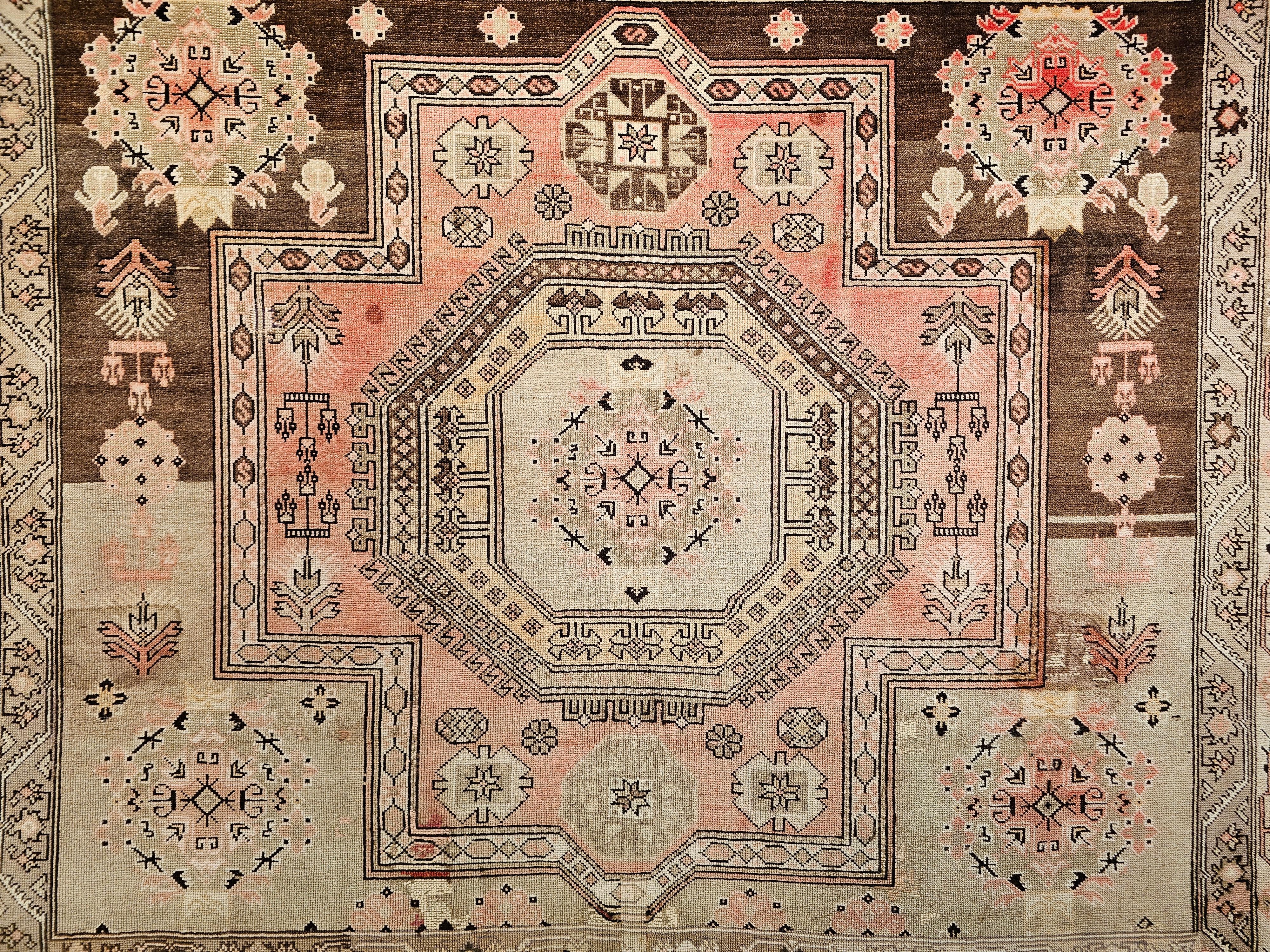 Wool Early 20th Century Square Size Turkish Oushak in Chocolate, Tan, Yellow, Pink For Sale