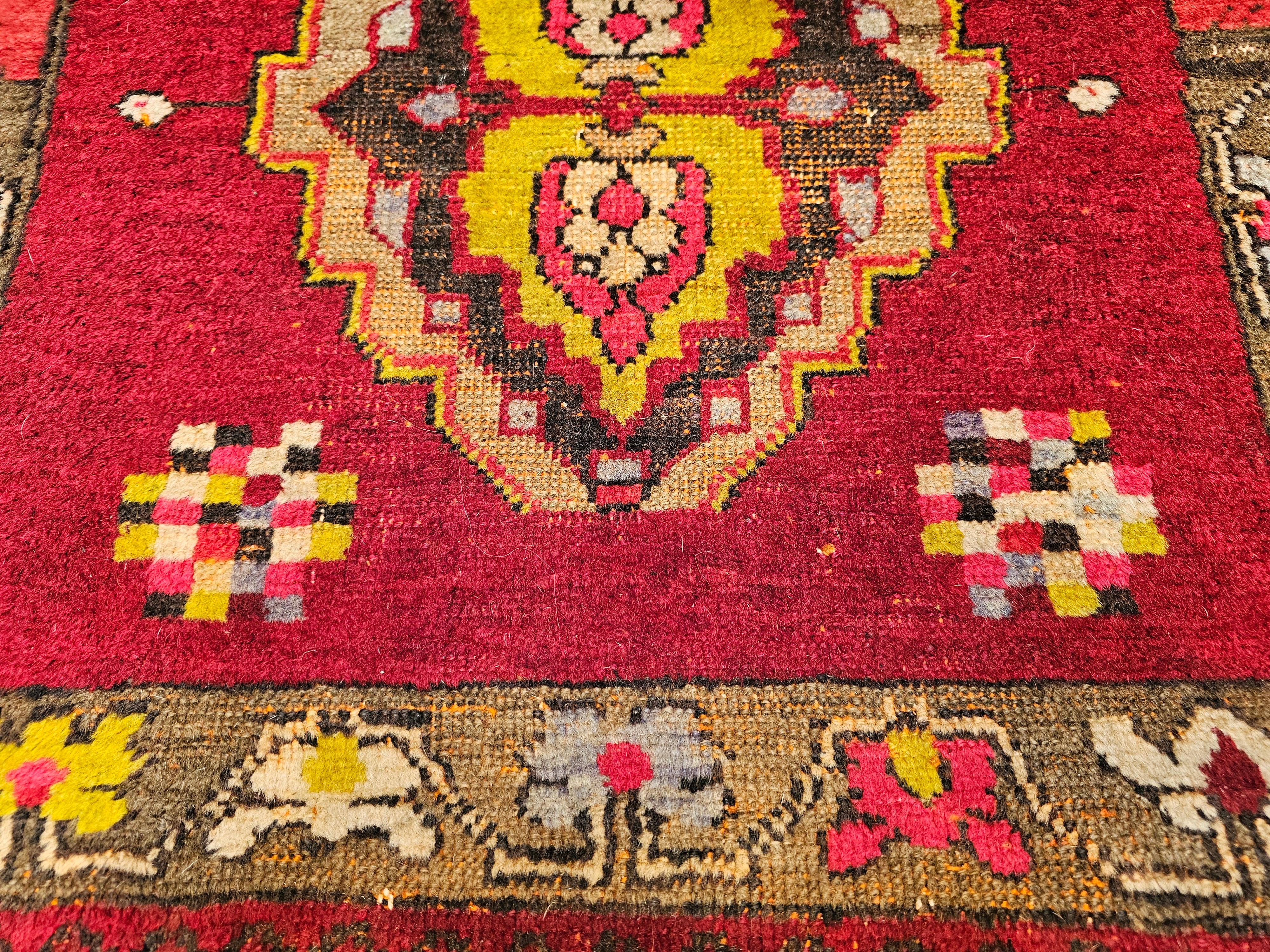 Vegetable Dyed Early 20th Century Square Size Turkish Oushak in Red, Chartreuse, Pink, Brown For Sale